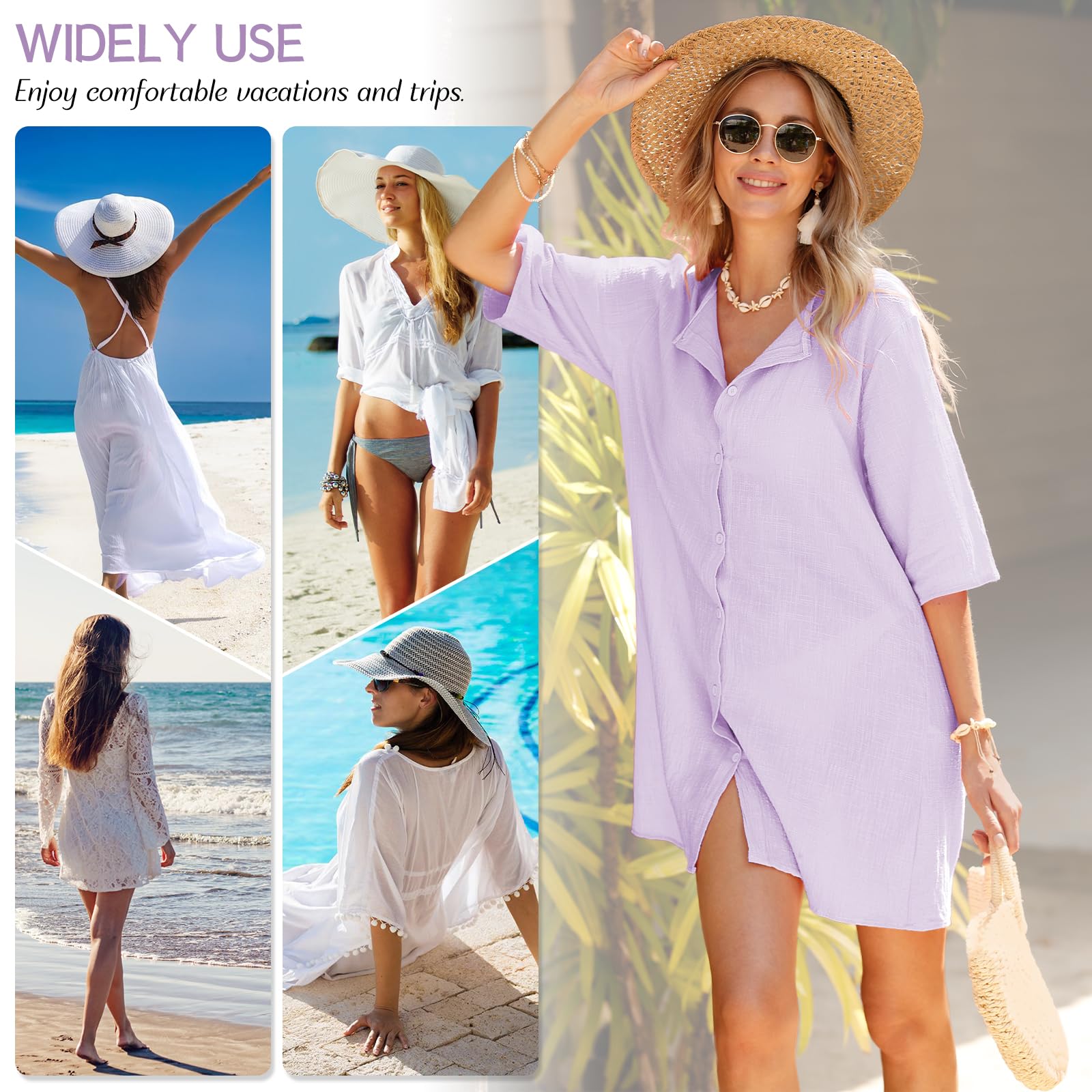 Svanco Robe de Plage Femme Été, Tunique de Plage Élégante, Chemise de Plage en Coton, Cache Maillot de Bain