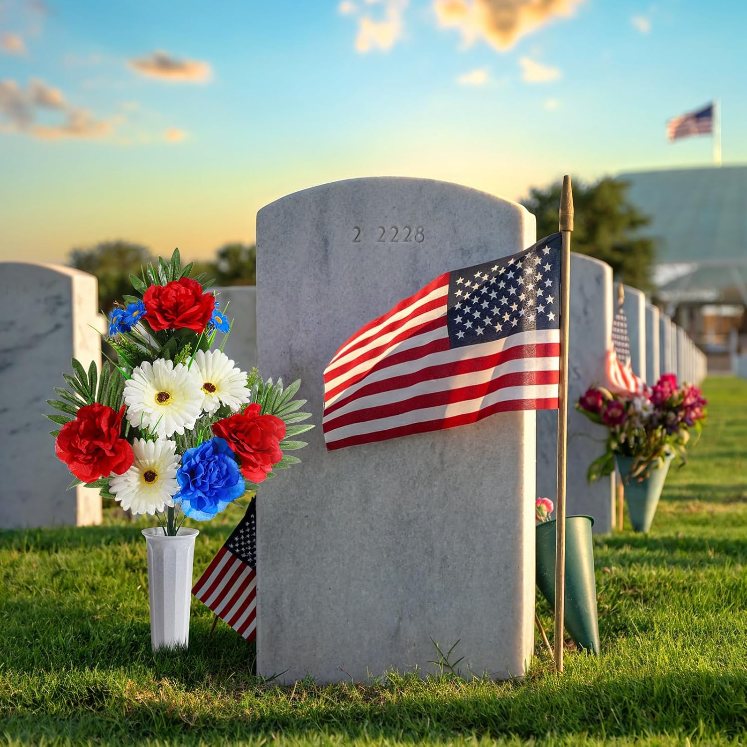 6 Sets Patriotic Memorial Bouquet with Vase Cemetery Flowers for Grave Red Blue Peony and White Mum Thank You Veterans Artificial Flowers 4th of July Funeral Headstones Bouquet Grave Decoration
