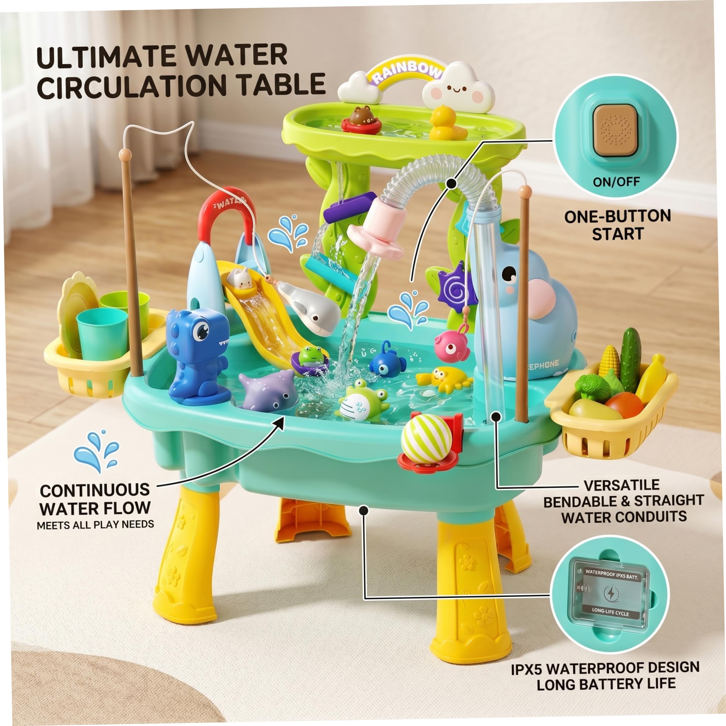 Évier de Jeu avec Eau Courante, Table à Eau pour Enfants avec 12 Modes de Jeu Amusants, Jouet interactif pour Tout-Petits - Bleu