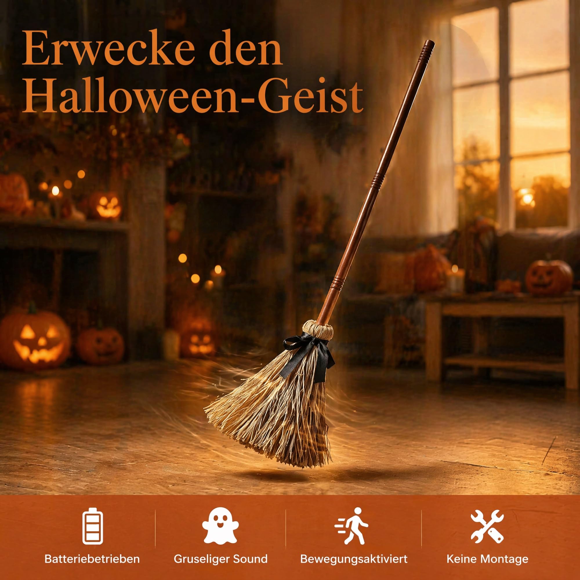 Hexenbesen, Magischer Besen, Schwimmender Besen | Licht und Bewegungssensor, Große Grusel Sound Deko, tanzend, beweglich, für Party Haus Garten Flur Terrasse Spukhaus(2PCS)