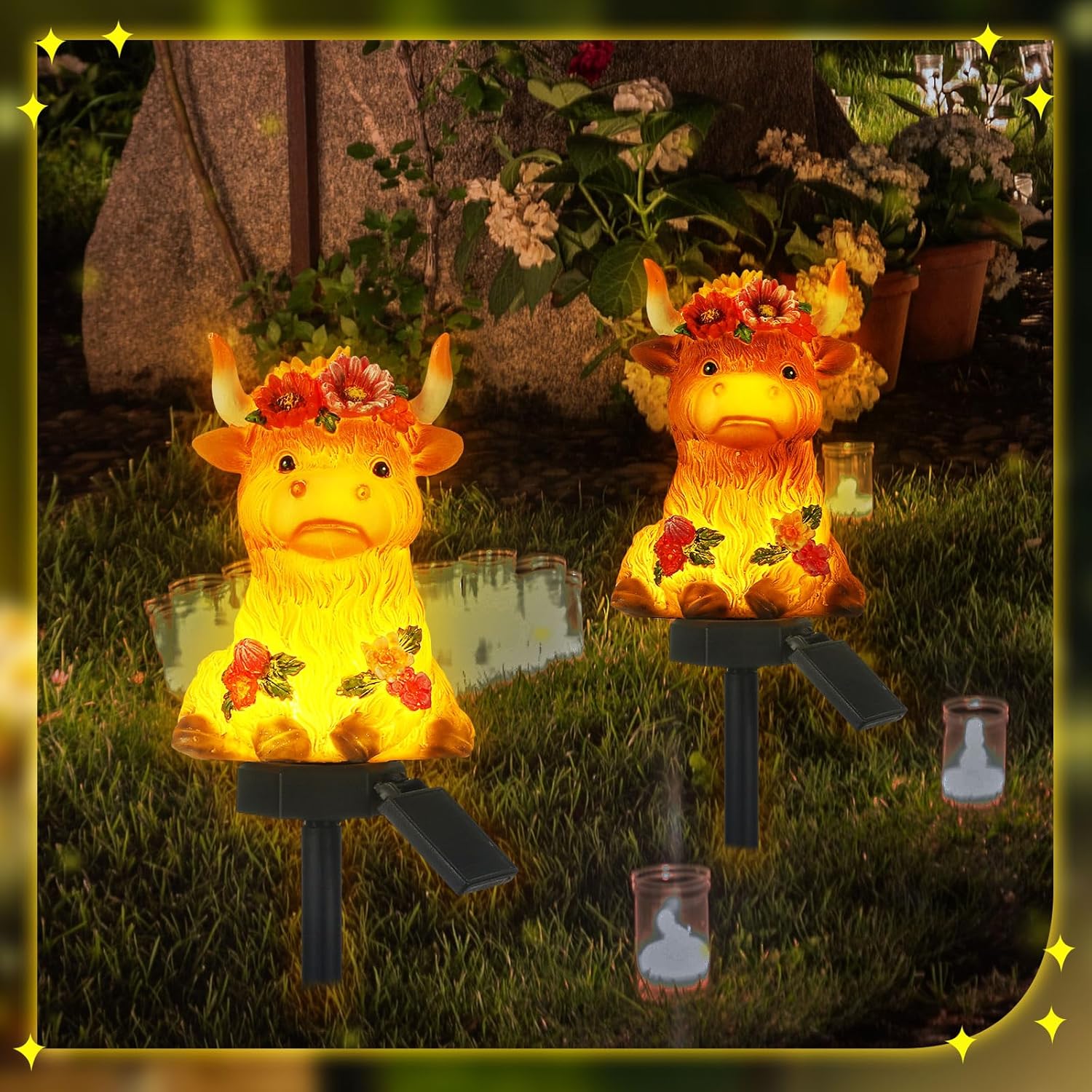 Rossesay 2 Pack Highland Cow Solar Lights Outdoor Garden Gnome Statues Resin Lamp Decor Waterproof Stake Lights Highland Cow Gifts for Yard Patio Lawn Decor
