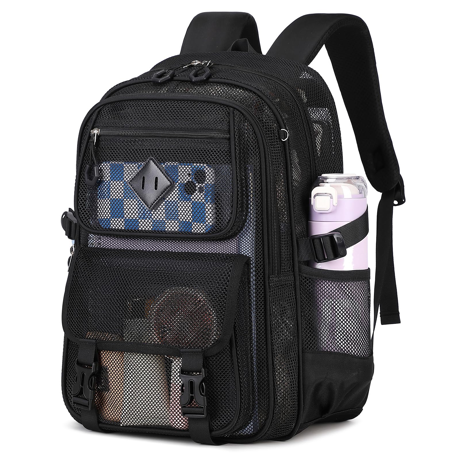 PIG PIG GIRL Mesh Backpack, Heavy Duty Net Bookbag Ultra-Lightweight See Through Backpack Breathable Transparent Backpack Clear Bag for School Beach Sports Gym, Black