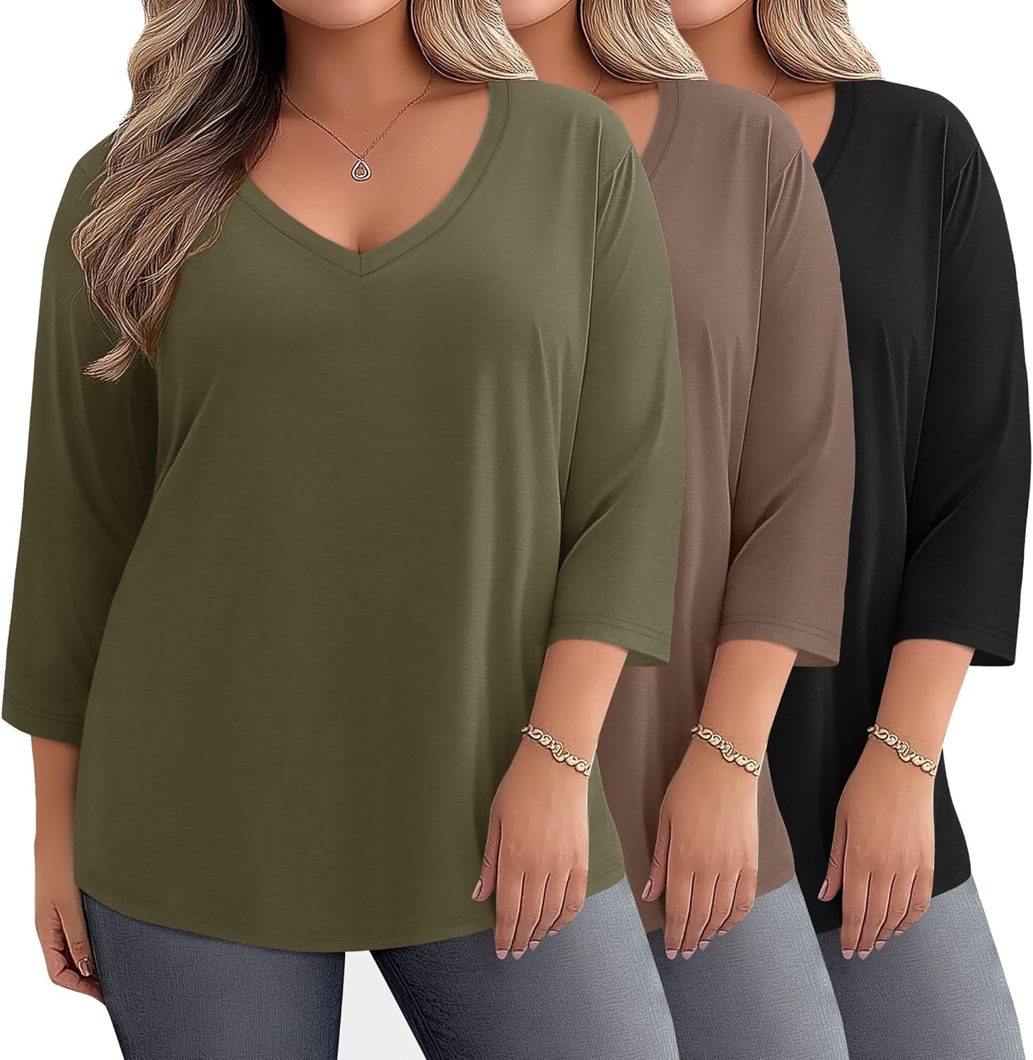 Ficerd 3 Pack Cotton Plus Size 3/4 Sleeve Tops for Women V Neck T-Shirts Casual Loose Fit Trendy Basic Tees Clothes