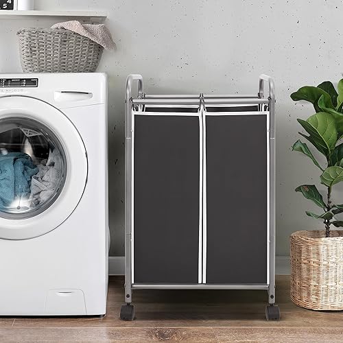 Miniatura 3 de STORAGE MANIAC Clasificador de ropa sucia de 2 secciones, cesta de lavandería de 90 L Gal con ruedas, clasificador separador de cesta de ropa,