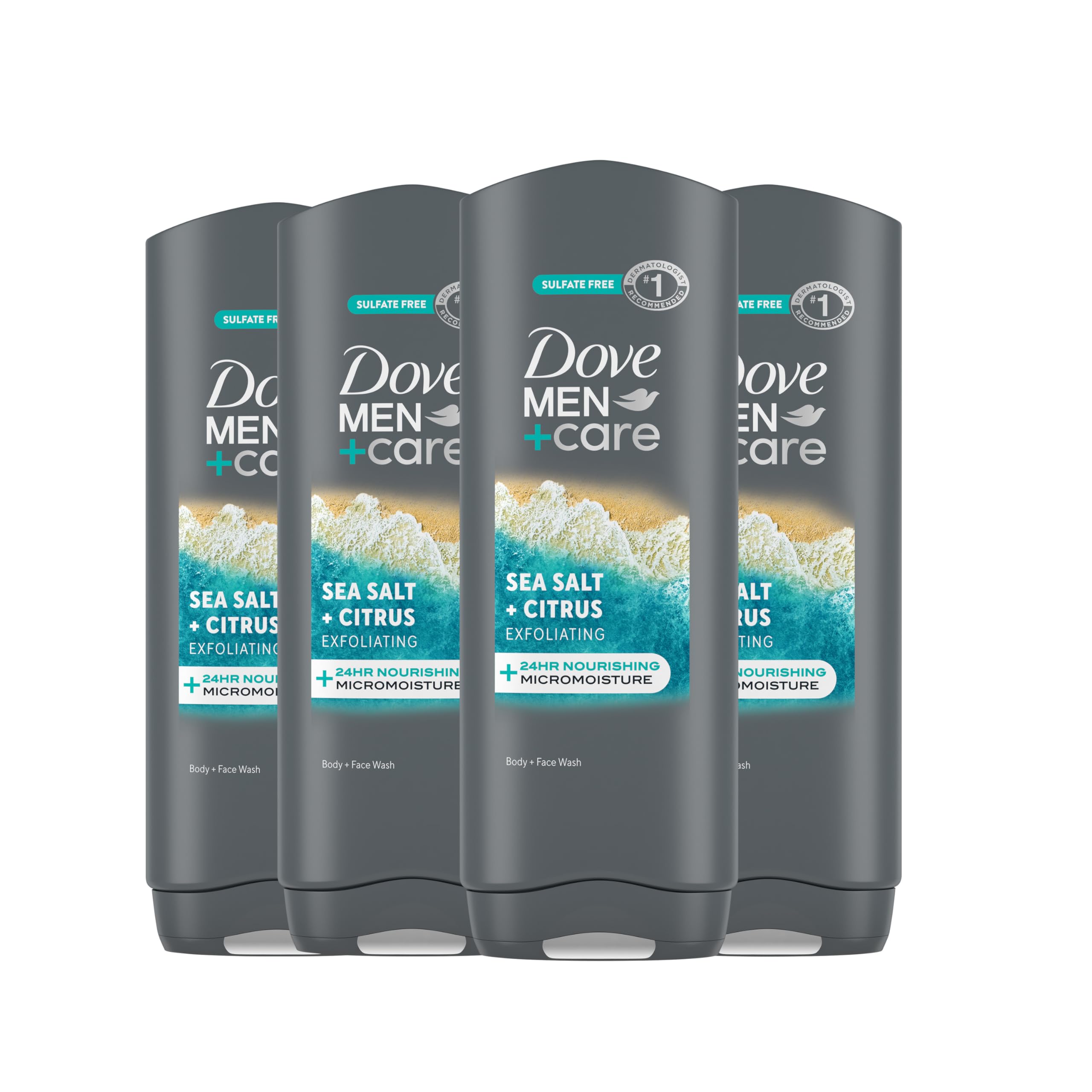 DOVE MEN CARE Body and Face Wash Exfoliating Sea Salt Citrus 4 count for Men with 24-Hour Nourishing
