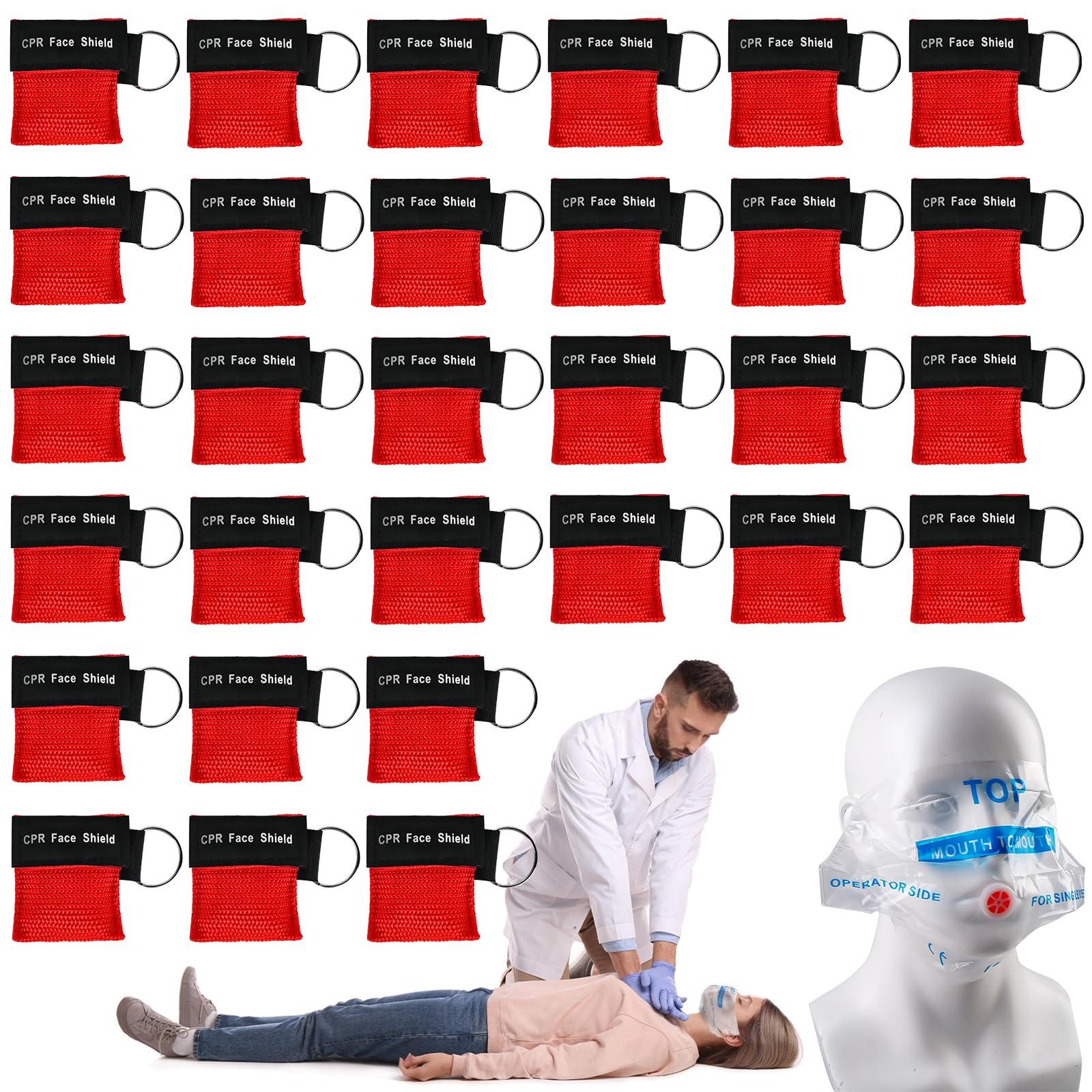 30 mascherine respiratorie portachiavi: maschera CPR, panno di ventilazione con valvola di ritegno, barriera respiratoria, maschera tascabile per primo soccorso o allenamento AED (rosso)
