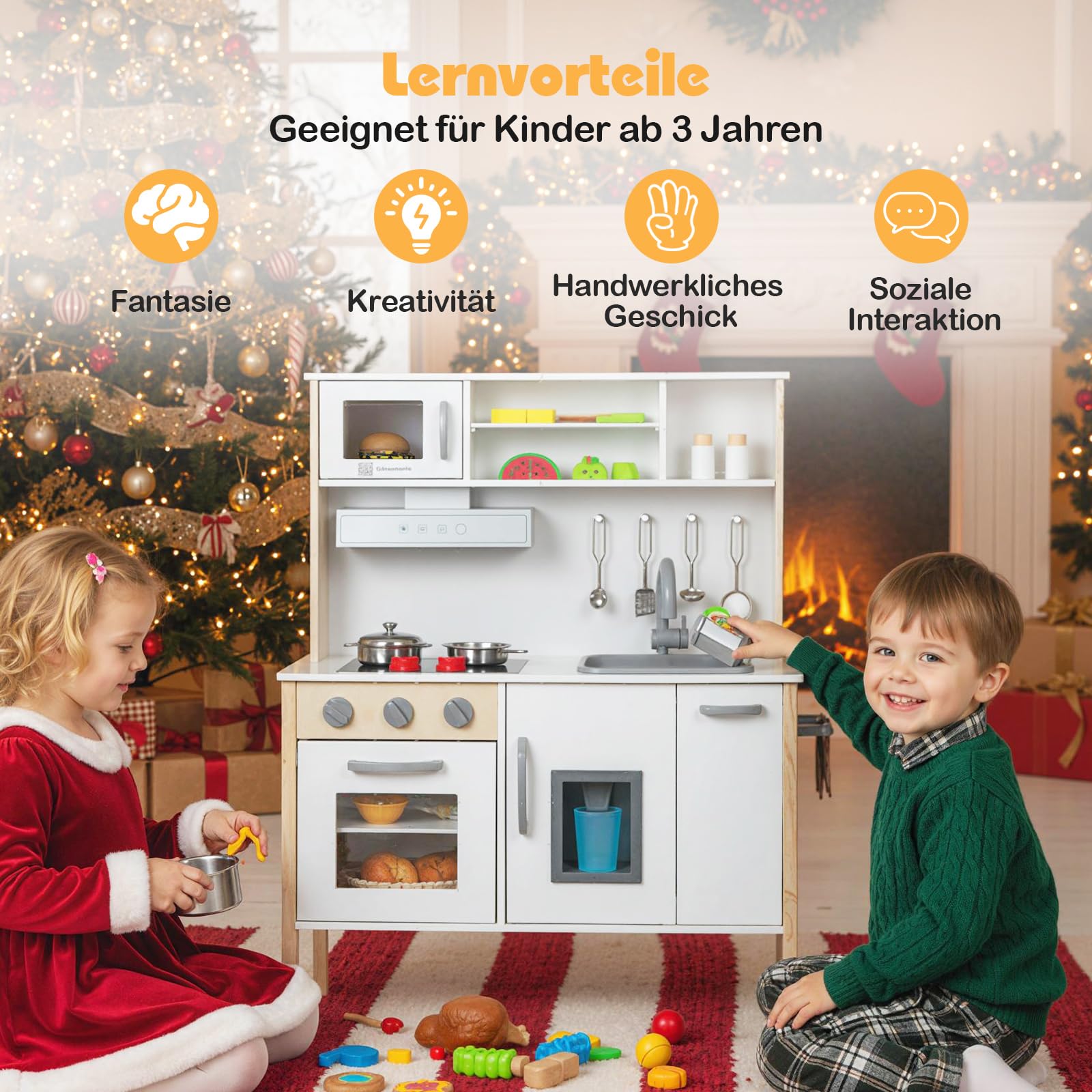 GOPLUS Drewniana kuchnia dla dzieci z kuchenką mikrofalową, zlewem, kranem, kuchenką gazową, okapem, kostkarką do lodów i piekarnikiem, zabawkowa kuchnia drewniana dla dzieci od 3 lat (biała)