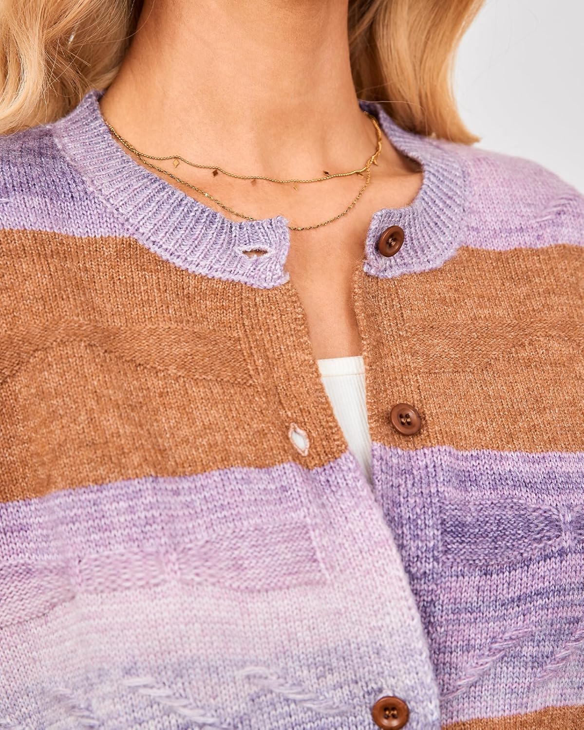 Womens Striped Cardigan Sweaters Crew Neck Button Down Color Block Fuzzy Loose Knit Coats - Image 7