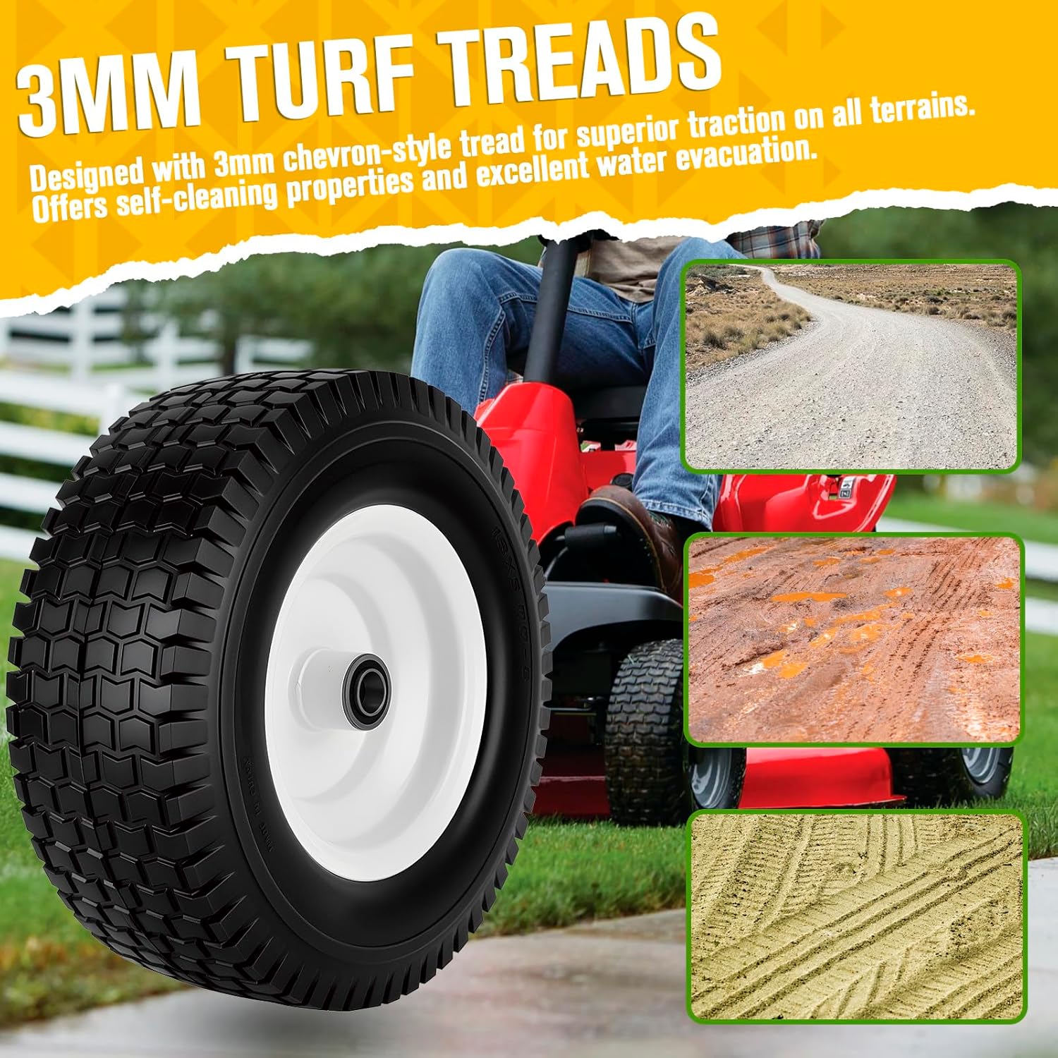 13x5.00-6 Flat Free Tire and Wheel with 3/4" & 5/8" Bearings – 2 Pack 13x5x6 Solid Rubber Lawn Mower Tires for Riding Lawn Mower Tires and Wheel with 3" Centered Hub