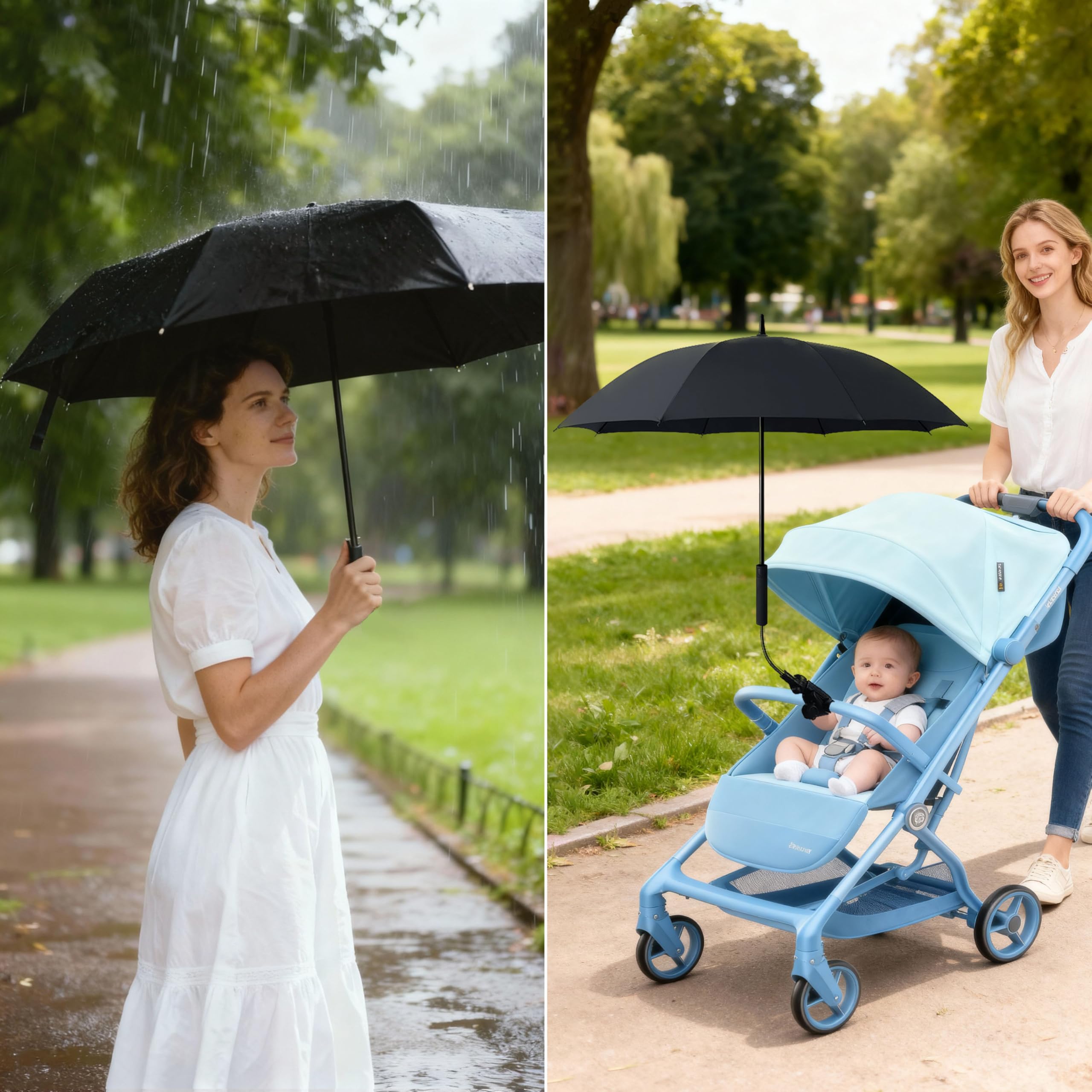Alephnull Ombrello universale 2 in 1 con adattatore: passeggino e ombrello compatibile con tutti i modelli, protezione UV (nero, 100 cm)