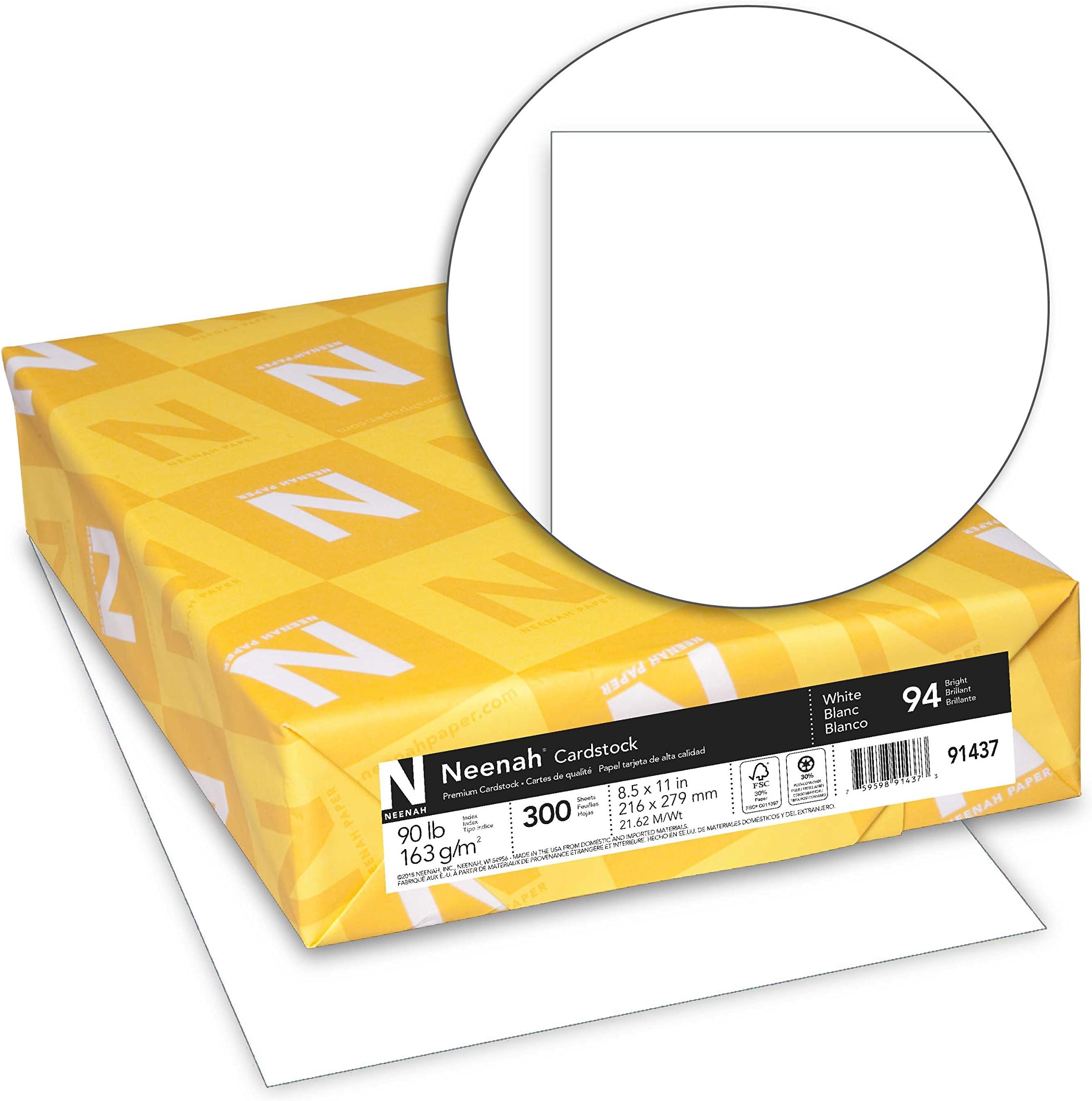 Index Cardstock, 8.5" x 11", 90 lb./163 gsm, White, 300 Sheets, Lightweight, 94 Brightness - EXTRA SHEETS, MORE VALUE! (91437)