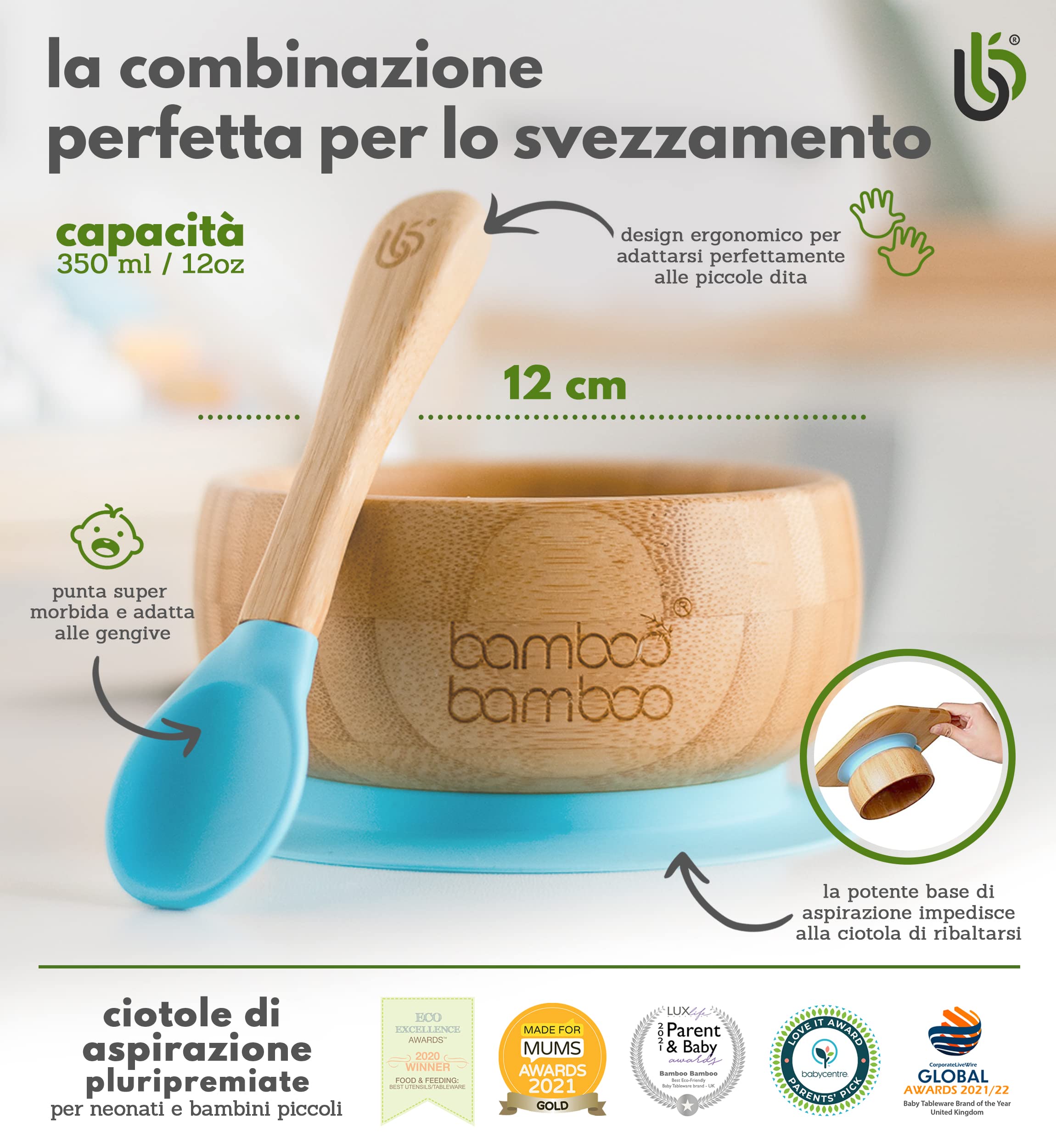 bamboo bamboo Ciotola Baby & Cucchiaio Set, Ciotole Svezzamento, Ciotola Ventosa con Anello Silicone, Ciotole Toddler con Cucchiaio Baby, Ciotola per Bambini da 6 Mesi (Blu)
