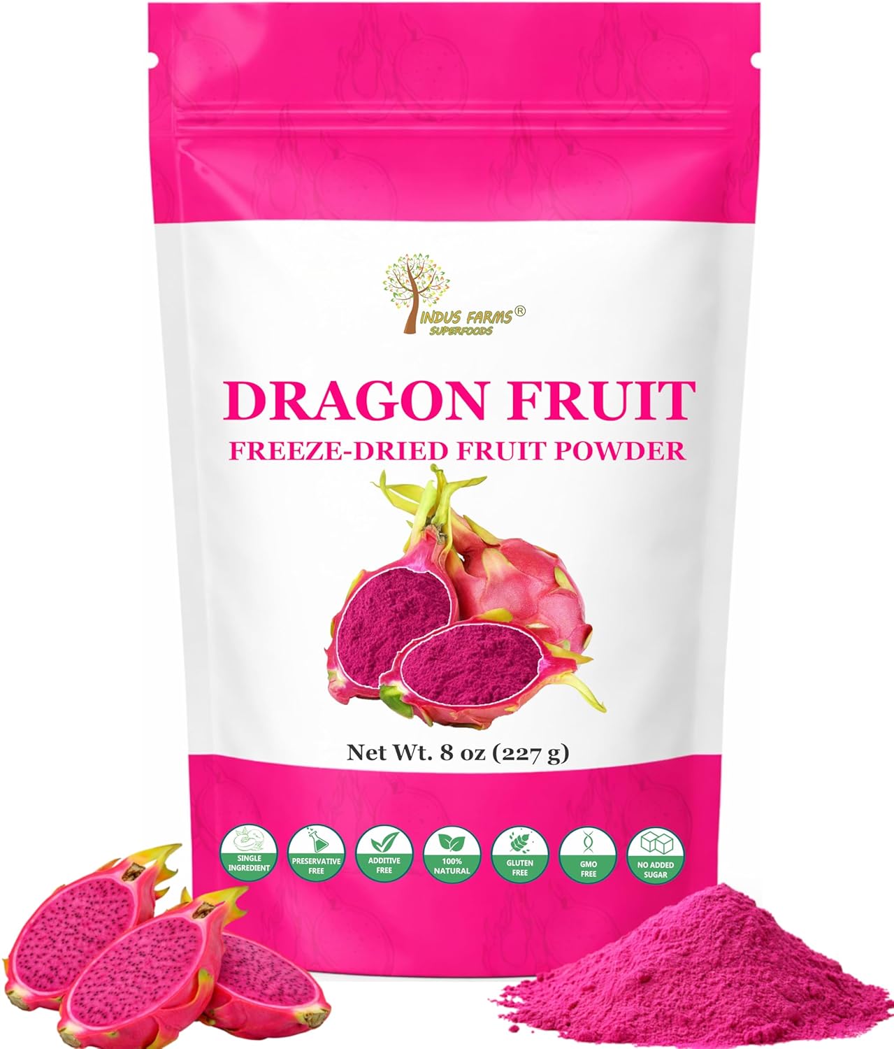 Indus Farms Freeze Dried Dragon Fruit Powder (Pitaya) – Vibrant Magenta Pink, Single Ingredient, No Added Sugar – Smoothies, Baking, Drinks & Yogurt – Vegan, Non-GMO, 8 oz