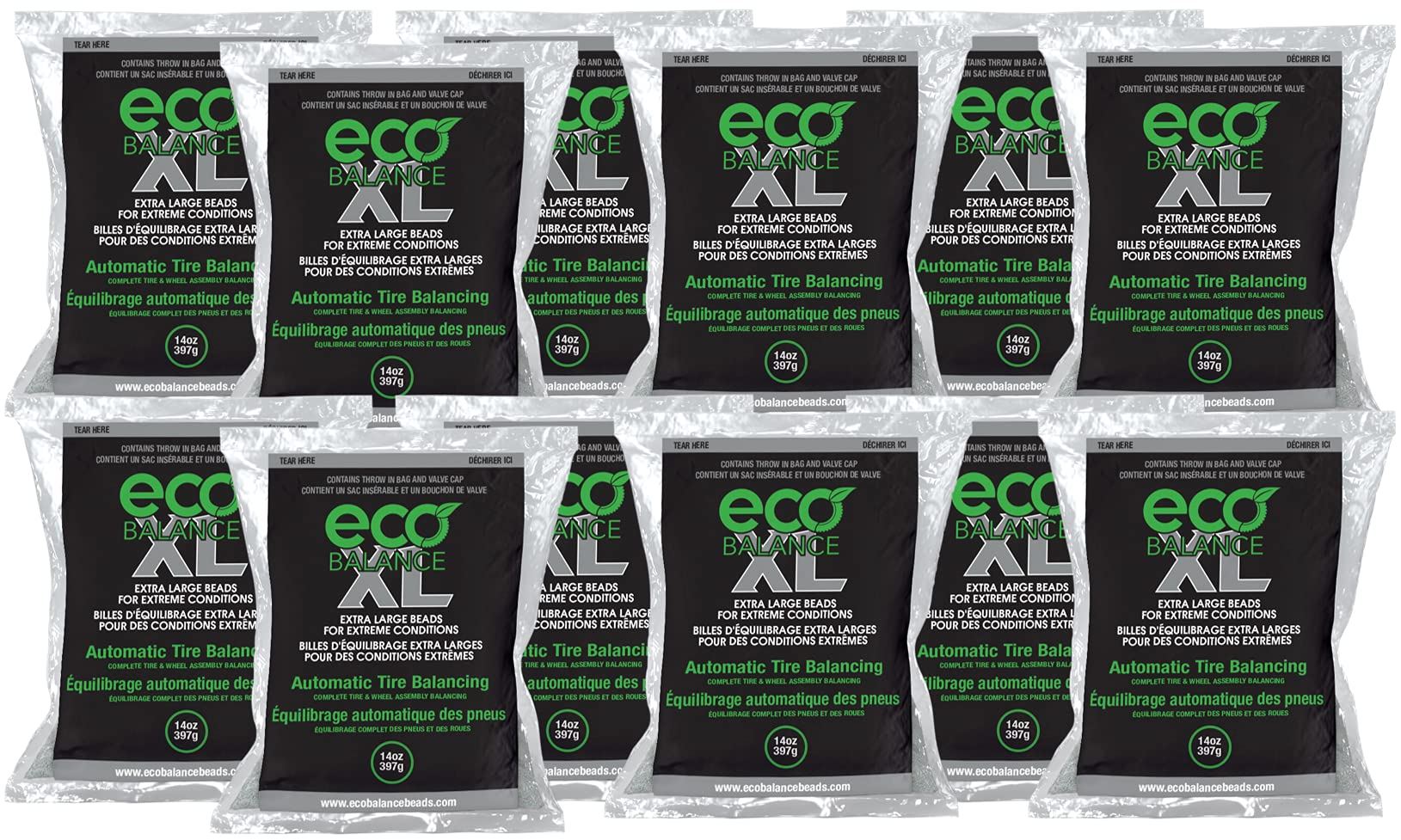 14-ECOXL12 ECO XL Extreme Condition Tire/Wheel Balancing Beads - Off-Road Vehicles, Light Duty Truck Tires, (12) 14oz Balance Bead Bags, (12) Valve Caps