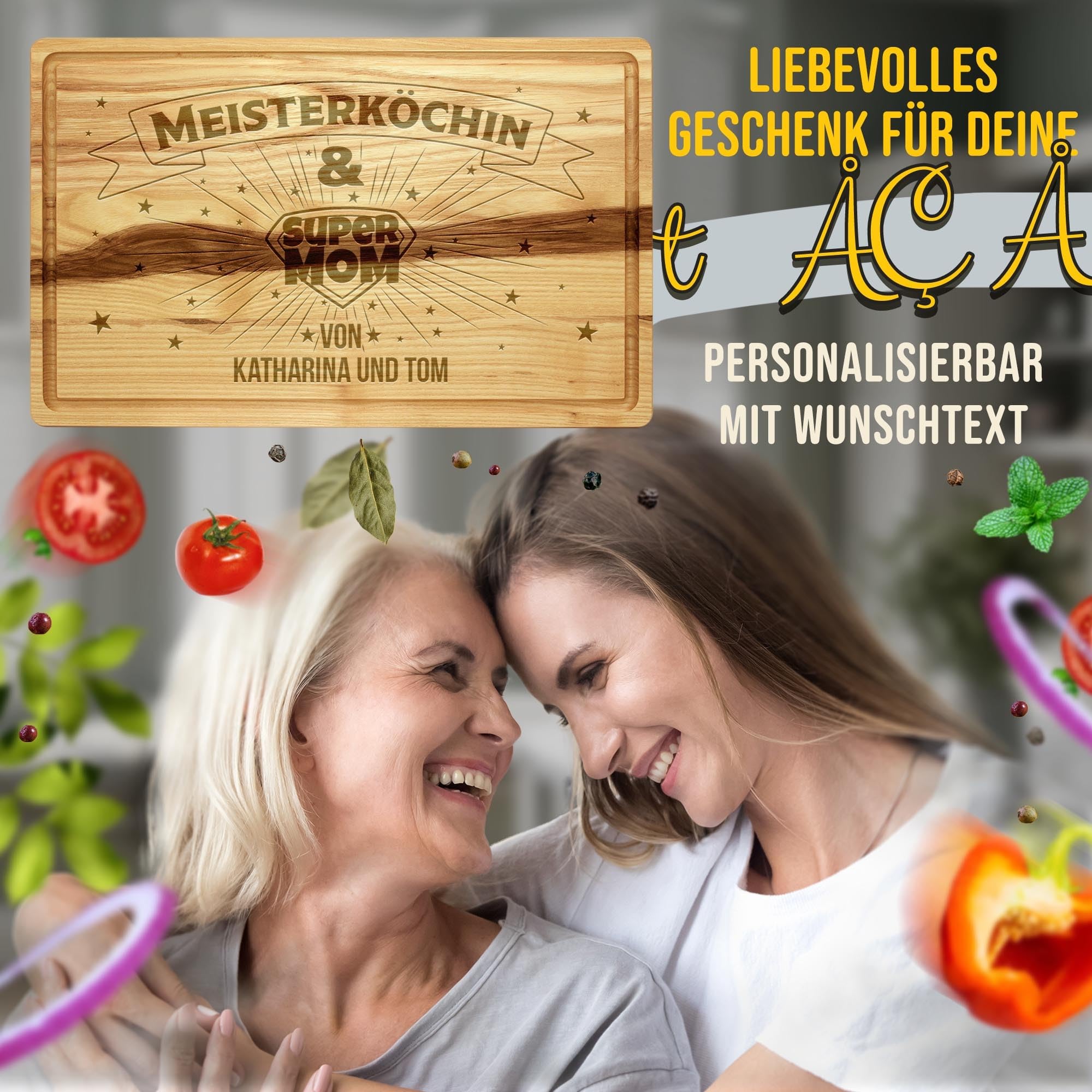 PR Print Royal Großes Holzbrett mit Gravur und Name - Meisterköchin, Super Mom - Personalisiertes Geschenk für Mama zum Geburtstag, Muttertag - Schneidebrett Eschenholz, 40 x 25 x 2 cm