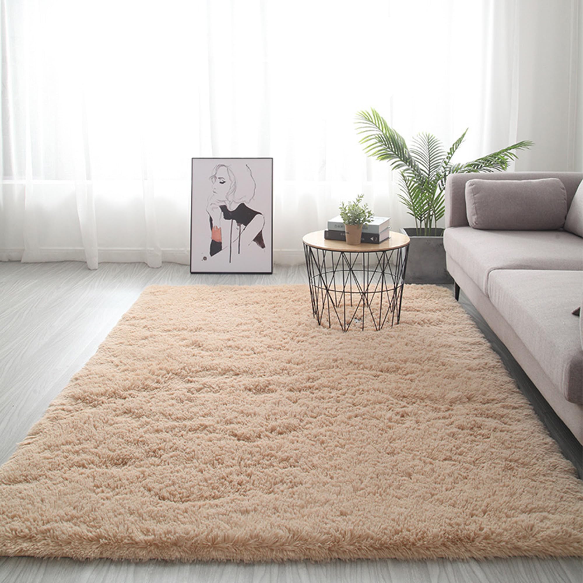 Tapis de salon camel 120x180 cm en fausse fourrure douce lavable