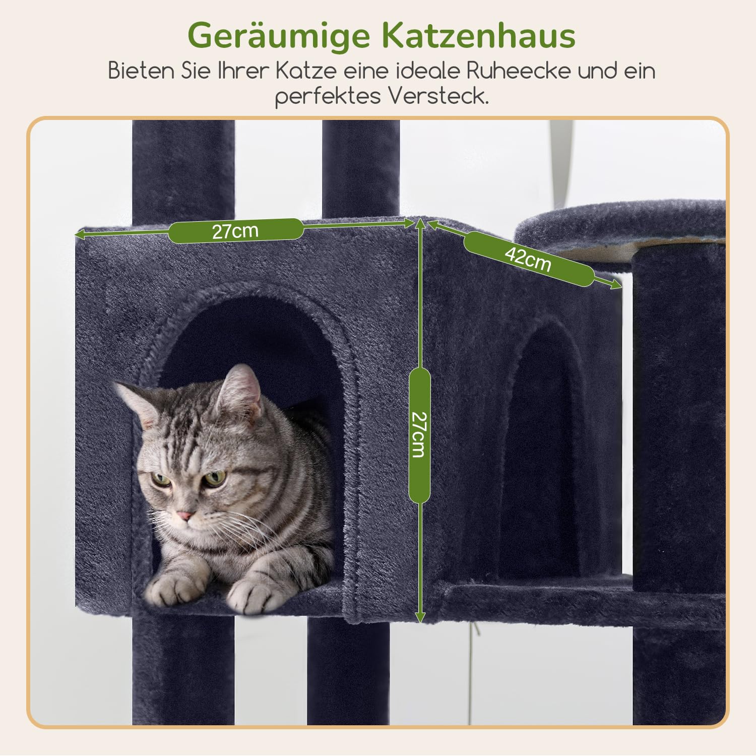 Globlazer Kratzbaum für Große Katzen 165 cm mit 2 Große Gepolsterte Plattform 48*42CM, Extragroß Hängematte, Katzenhaus, Sitzstangen, Stabil Katzenbaum mit Stützen für Schwere Katzen (S65, Dunkelgrau)