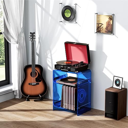 Miniatura 90 de Mesa de tocadiscos de acrílico con estante de almacenamiento, mesa auxiliar transparente (naranja, grande) Naranja,Negro -,Claro,Azul