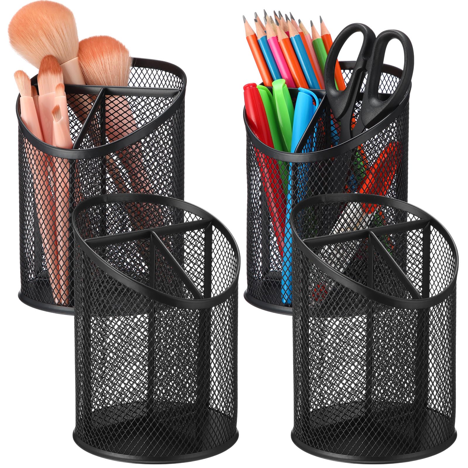 Portapenne in rete, portapenne rotondo in metallo con 3 scomparti, organizer da scrivania per ufficio, casa e scuola, confezione da 4 accessori da scrivania