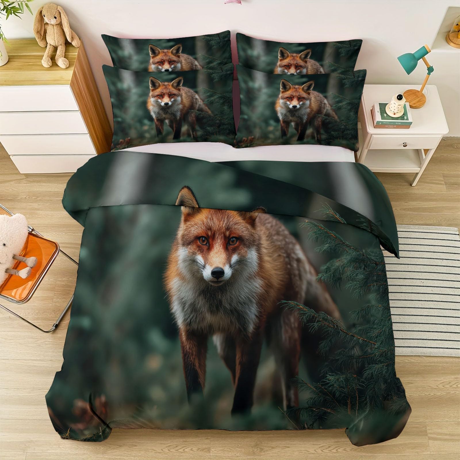 Nowoczesny zestaw pościeli 240 x 220 cm, puszysta pościel z mikrofibry z lisem, dzikimi zwierzętami, realistyczny wzór, poszewka na kołdrę z zamkiem błyskawicznym i poszewką na poduszkę 80 x 80 cm, do