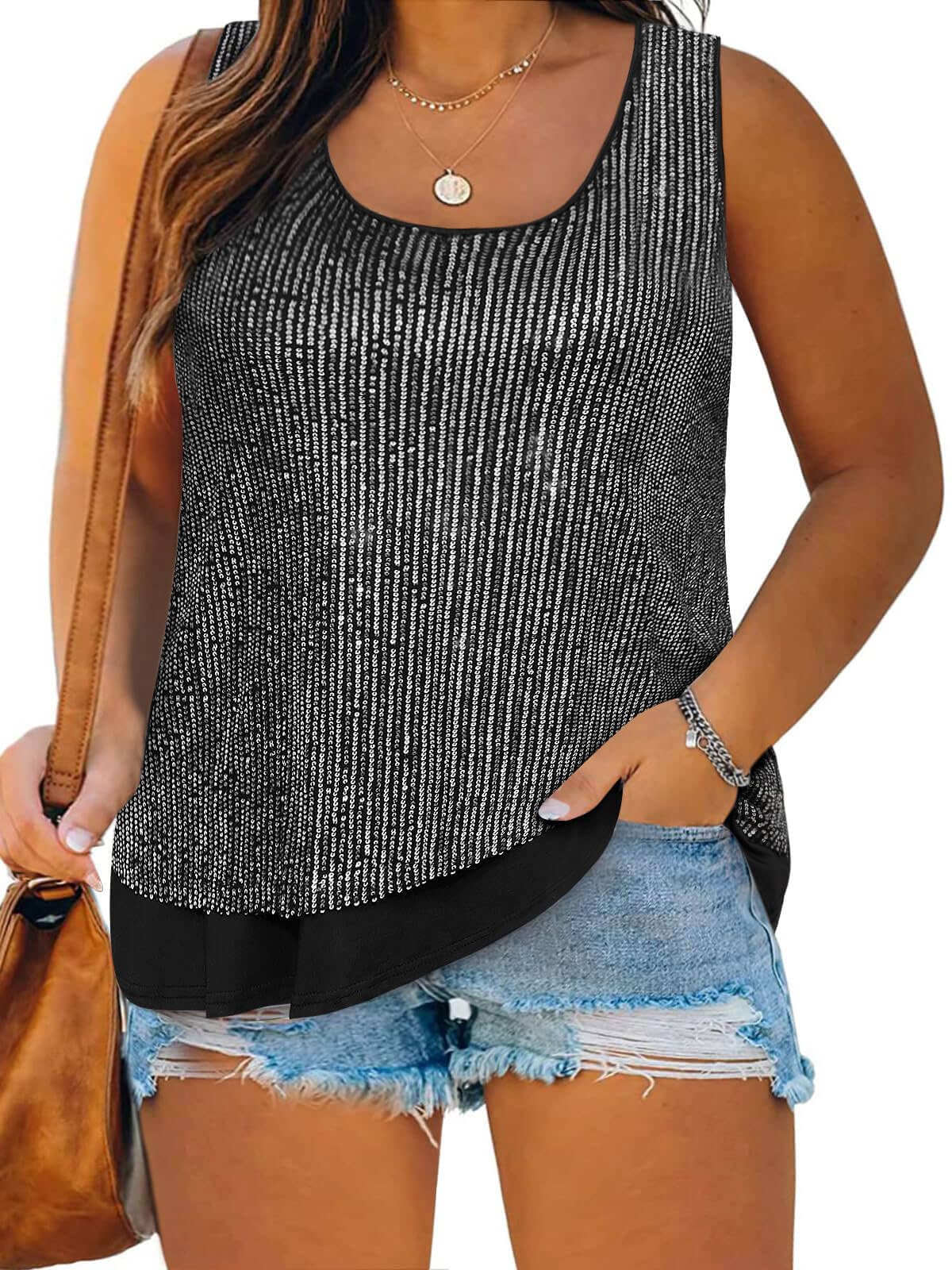 Imily Bela Womens Plus Size Sequin Tank Tops Summer Scoop Neck Sleeveless T-shirts Sexy Sparkle Shimmer Tunic Tops