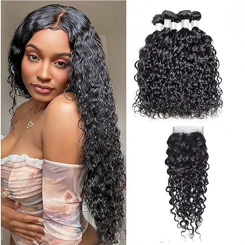 Miniatura 9 de 5 paquetes de ondas de agua brasileñas (1.76 ozpaquete) con cierre de encaje 4x4, paquetes húmedos y ondulados con cierre, extensiones de cabello