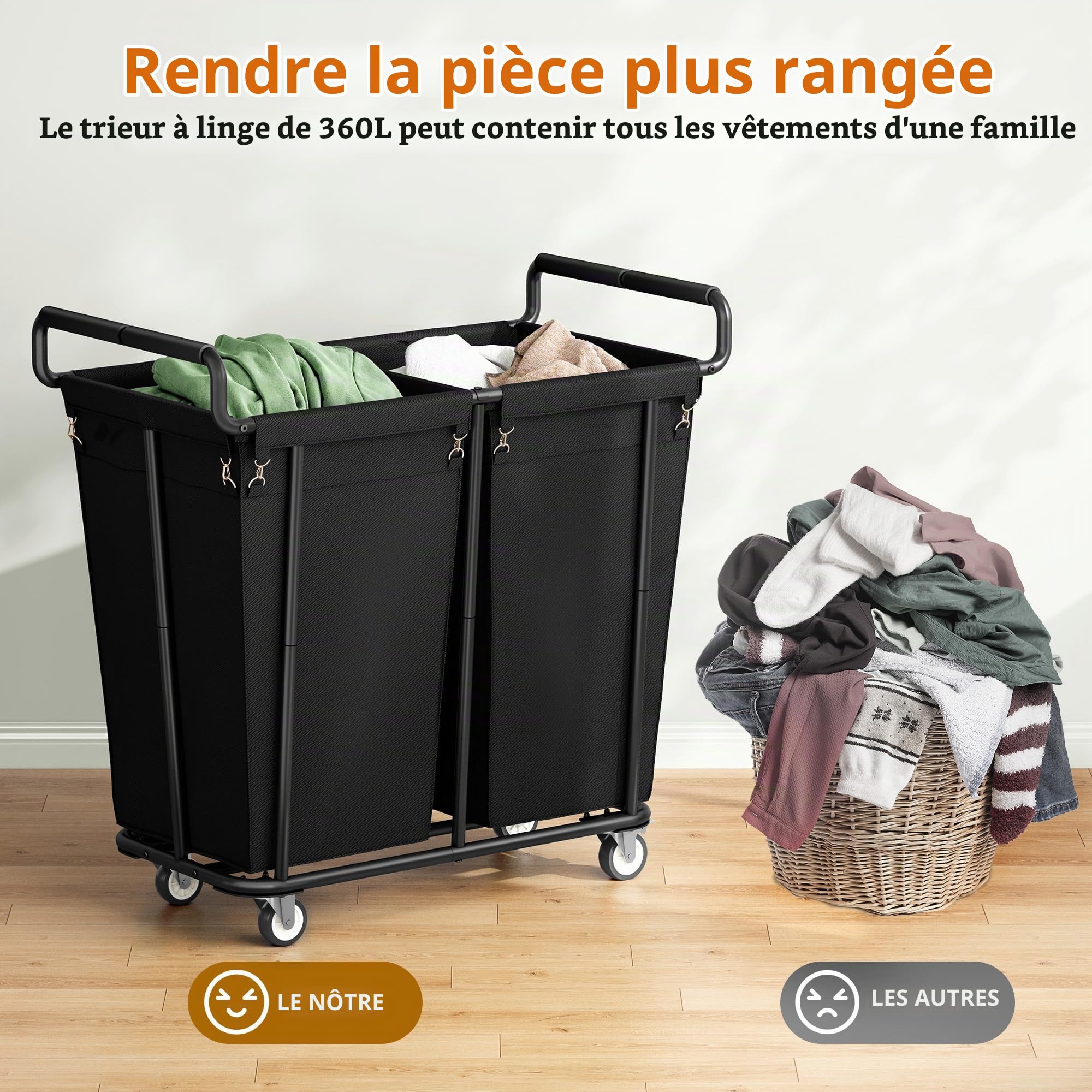 Gewudraw Panier à Linge, 360L Chariot Linge Sale, 2 Compartiment Bac Linge