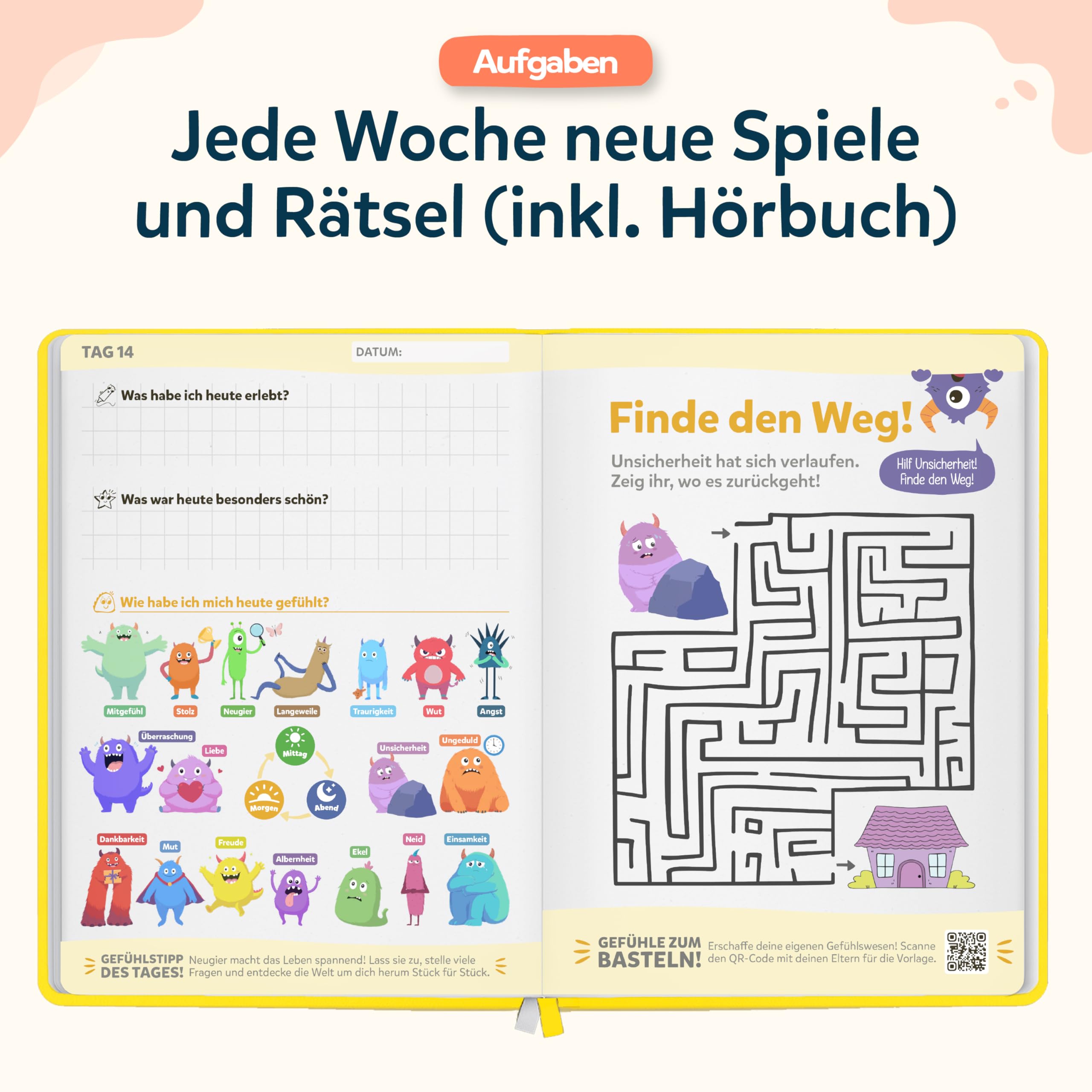 Wunderkind Gefühlstagebuch Kinder 6-12 Jahre | Tagebuch Mädchen und Jungs | Gefühle Buch Kinder | Für ein gutes Gefühl | Dankbarkeitstagebuch für Kinder (inklusive 15 Spiele, Sticker & Hörbuch)