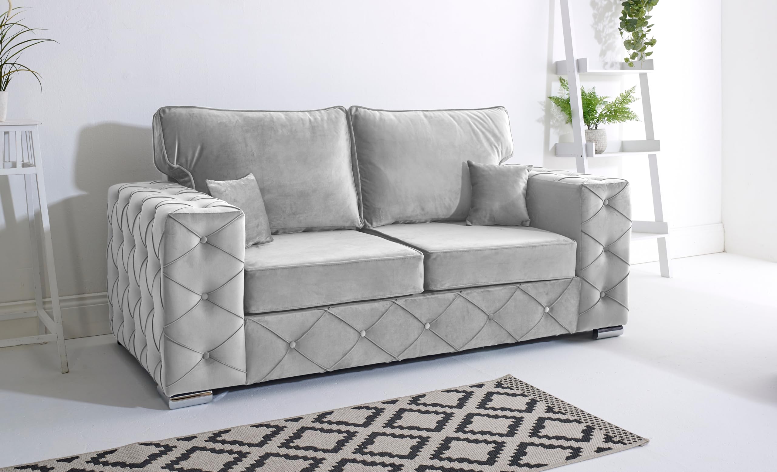 Sofahub Milton Silver Plush Velvet Sofa – Luxury Button-Tufted Chesterfield Couch with High-Density Foam Seats & Chrome Legs | Modern Living Room Furniture | Home Decor Essential