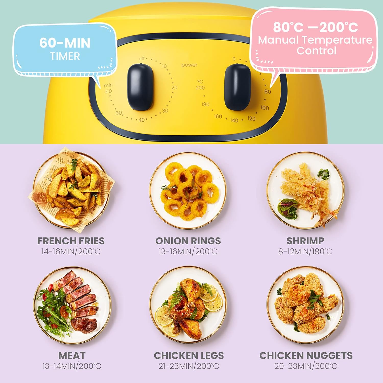 COMFEE Friggitrice ad Aria 3 Litri, Airfryer Senza Olio 1300W, 360 Circolazione Rapida Air, Piatto per Salse, Ricetta su Superficie, Timer 60 min, 80-200℃, Lavabile in Lavastoviglie, Giallo, MF-TN30B2 COMFEE Friggitrice ad Aria 3 Litri, Airfryer Senza Olio 1300W, 360 Circolazione Rapida Air, Piatto per Salse, Ricetta su Superficie, Timer 60 min, 80-200℃, Lavabile in Lavastoviglie, Giallo, MF-TN30B2