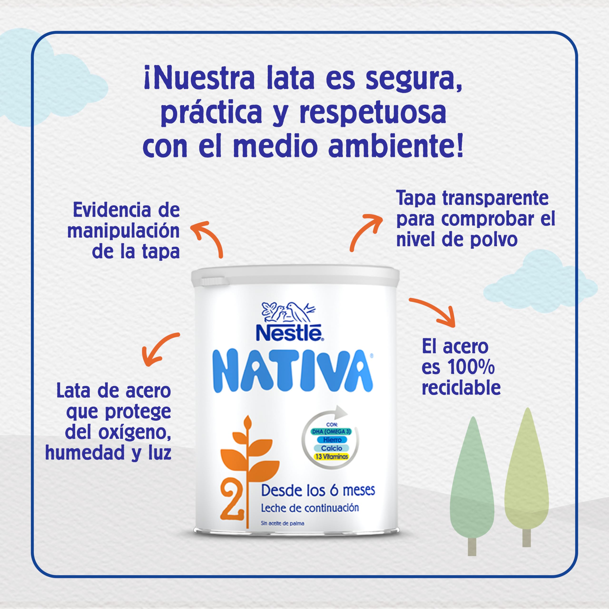 Nestlé NATIVA 2 Leche de Continuación en polvo para bebés a partir de los 6 meses, bote de 800g