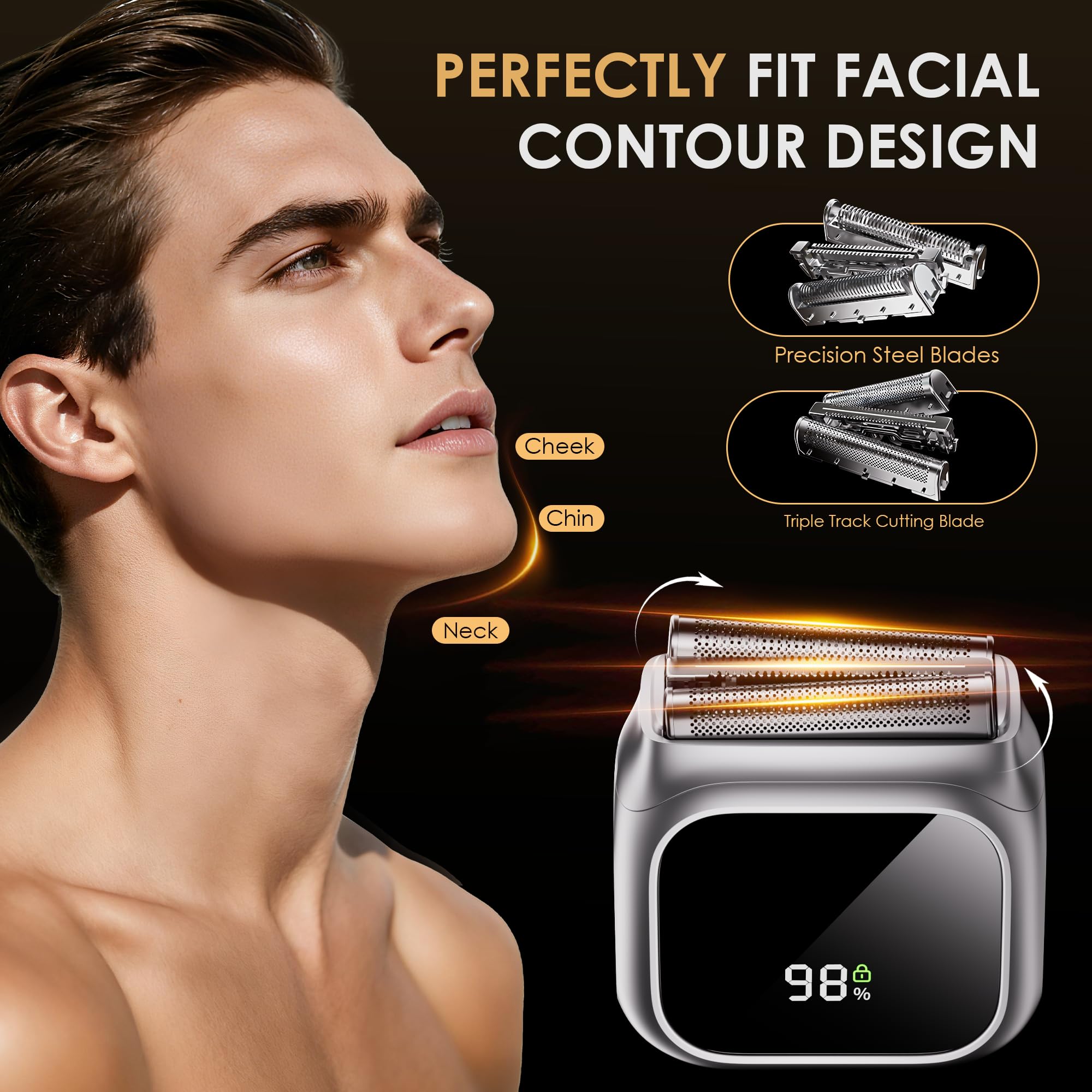 Rasoio elettrico da uomo, design innovativo a specchio, rasoio da uomo con motore da 20.000 giri/min, display a LED, 3 lame galleggianti, impermeabile IPX7, mini rasoi a lamina da uomo, perfetto per
