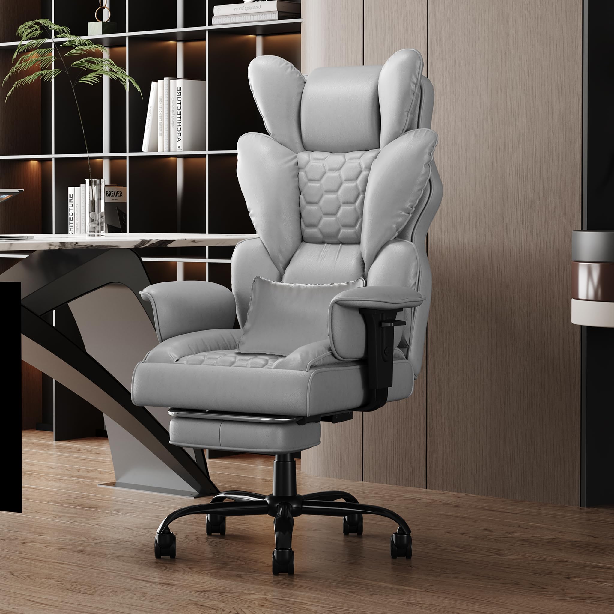 AufuN Bürostuhl Ergonomischer mit hoher Rückenlehne, Chefsessel mit Fußstütze, PU Leder Großer Bürostuhl Drehstuhl mit Rollen, Chefdrehstuhl mit gepolsterten Armlehnen für Zuhause und Büro (Grau)
