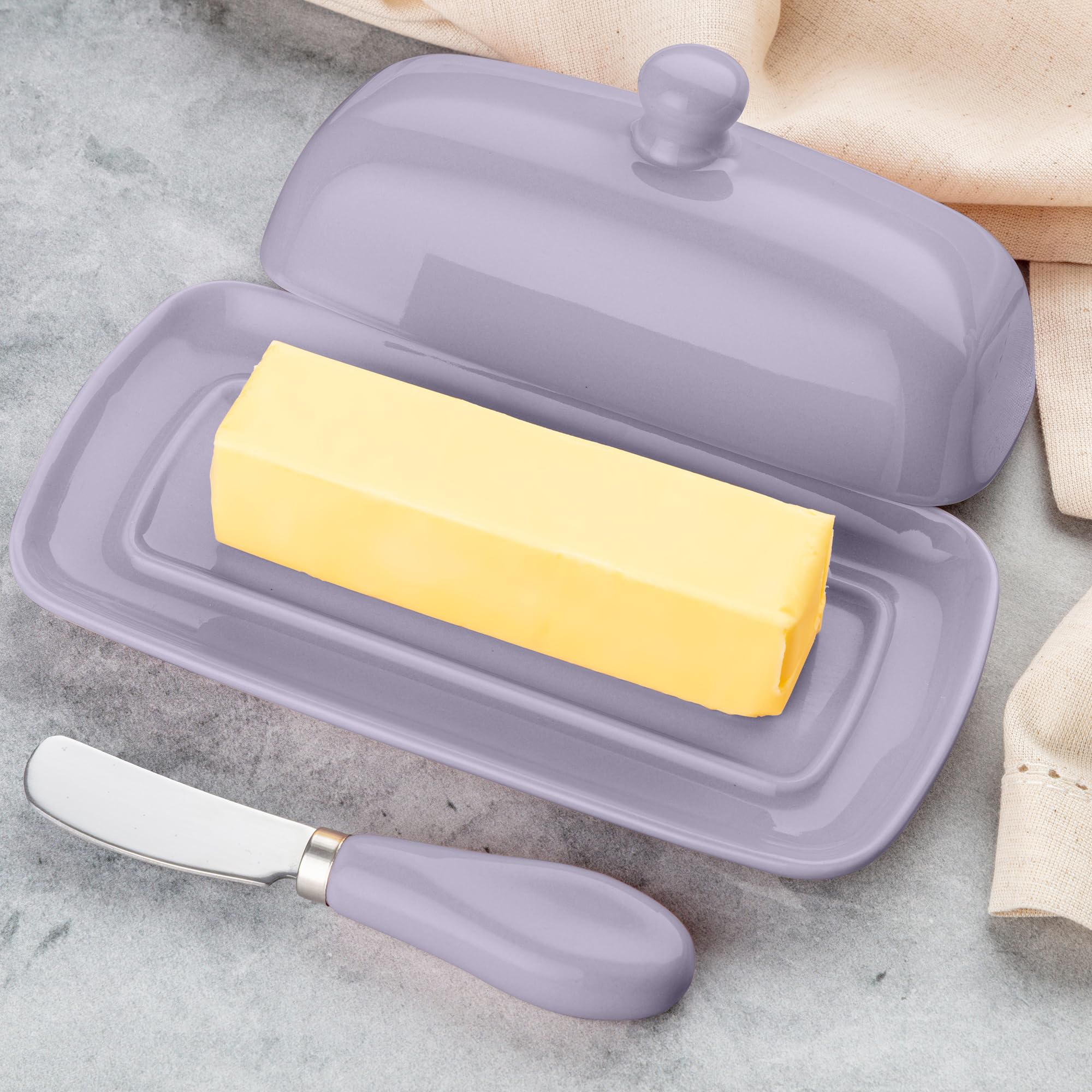 Zulay Beurrier avec couvercle pour comptoir – Beurrier en porcelaine blanche avec poignée à bouton – Idéal pour la cuisine – Porte-beurre au design élégant – Durable et robuste – Pervenche