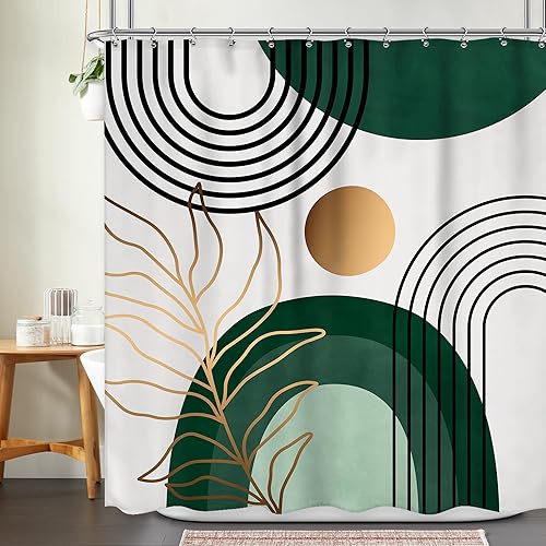 Cortina de ducha abstracta de mediados de siglo, 72 pulgadas de ancho x 72 pulgadas de largo, diseño bohemio, arco de sol, hojas doradas,