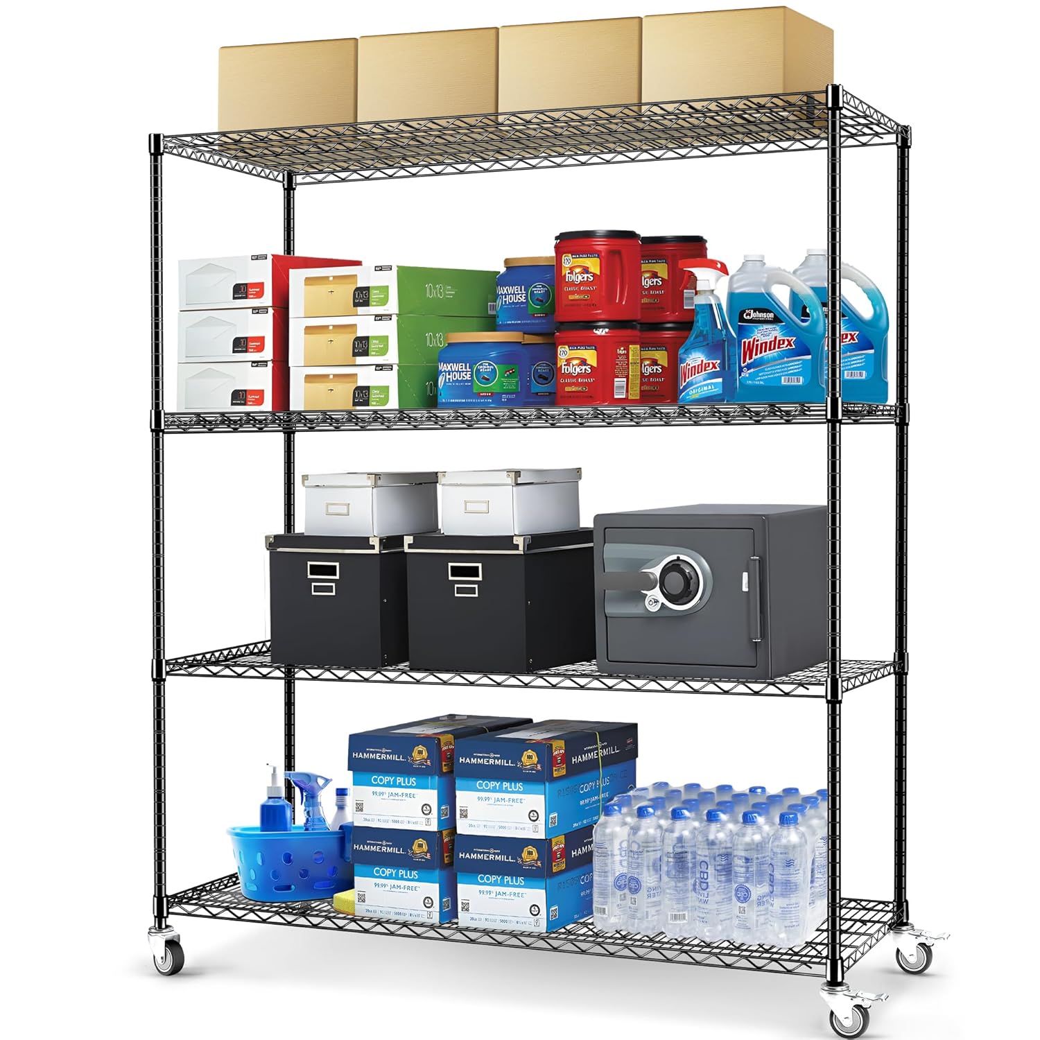 Rengue 4-Tier Wire Shelving with Wheels 60x 24x72 Metal Storage Shelves Heavy Duty Garage Storage Shelves Chrome 2400LBS