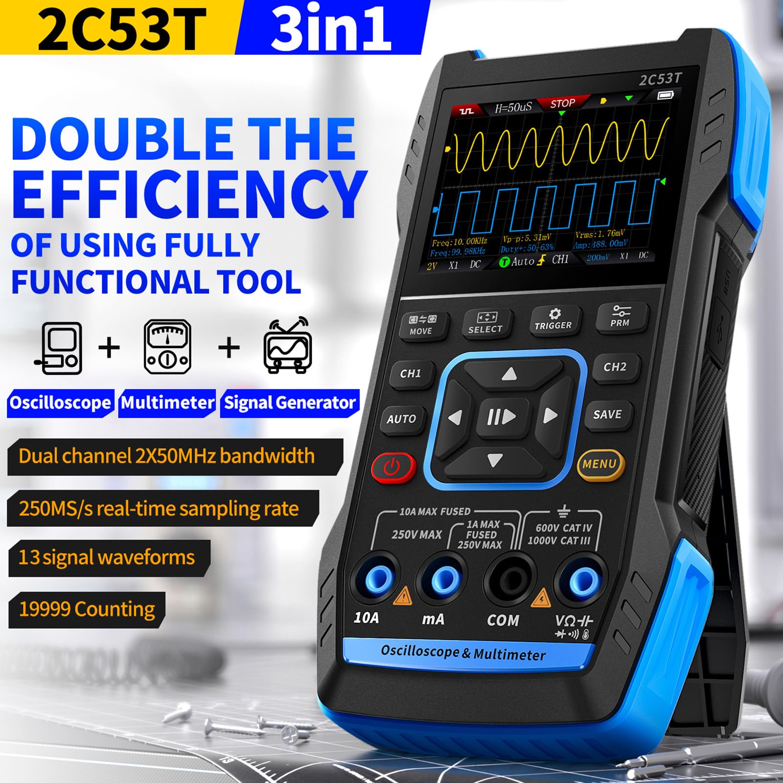 DEWIN Oszilloskop Multimeter, 2C53T Multifunktional 3-in-1 Oszilloskop Multimeter Signalgenerator Oscilloscope 2 Kanal 50MHz Bandbreite 250MS/s Abtastrate