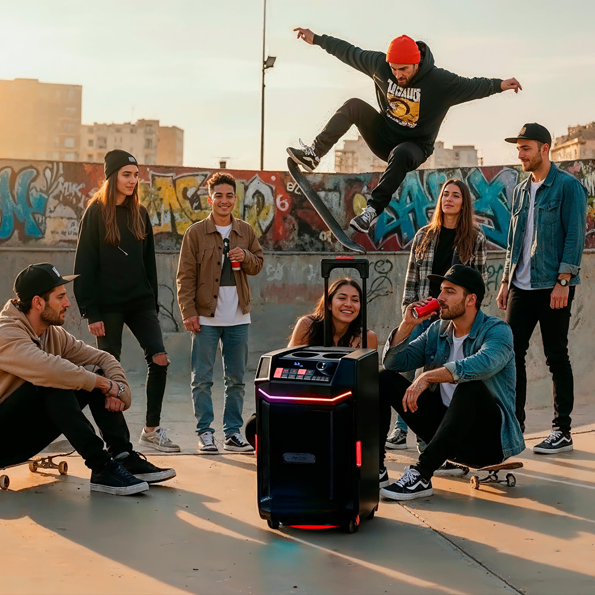 NGS Wild Bash - Enceinte Bluetooth 5.4 Portable 50 W RMS avec lumières LED RVB, Batterie Rechargeable Amovible, étanche IPX6, karaoké et Fonction Diffusion