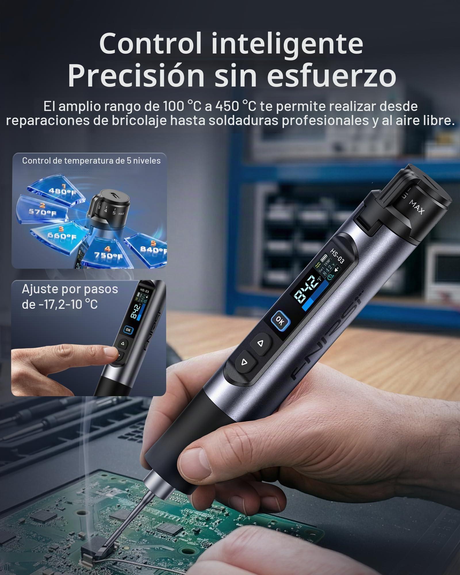 FNIRSI Kit de soldador inalámbrico HS-03, batería desmontable de 2600 mAh, 100.0-450.0 °C, ajuste de temperatura de 5 niveles, calor rápido de 3 segundos, pantalla IPS de 0.96 pulgadas, apagado