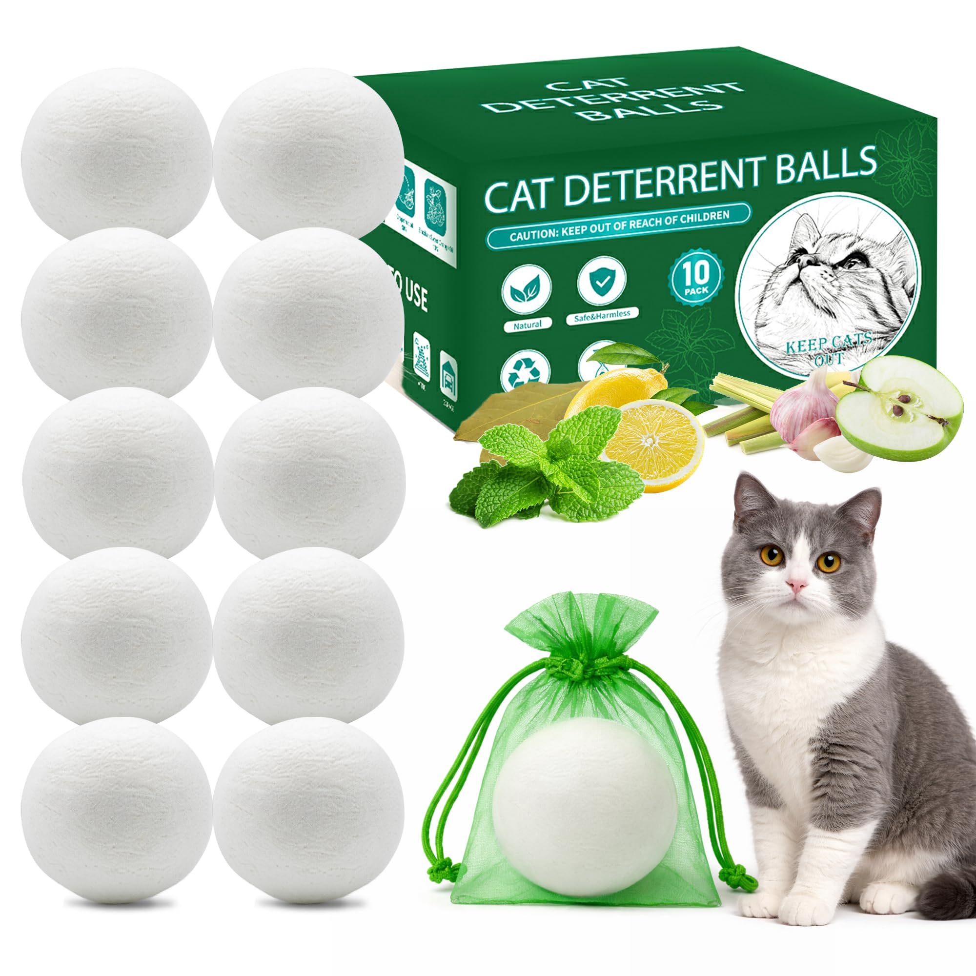 Lot de 10 balles répulsives naturelles pour chat pour intérieur et extérieur – Sans danger pour les animaux de compagnie, non toxique, éloigne les chats de la cour, du jardin, des meubles et plus