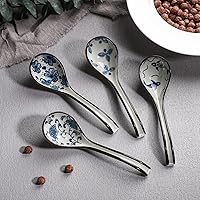 Vista 6 de Juego de 4 cucharas de sopa asiáticas de mango largo, cucharas de sopa chinas de cerámica japonesa, cucharas de ramen japonés estilo retro, cuchara