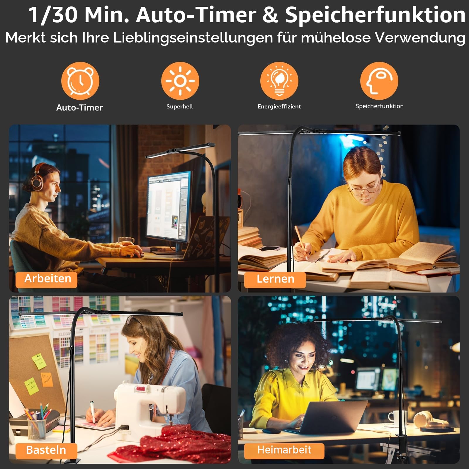 Woputne Dimmbare LED Schreibtischlampe mit Klemme, 61cm Doppelkopf Bürolampe, 960LM, 5 Farbtemperaturen & 10 Helligkeitsstufen, Flexibler Schwanenhals, Augenschonend für Homeoffice & Monitorarbeit