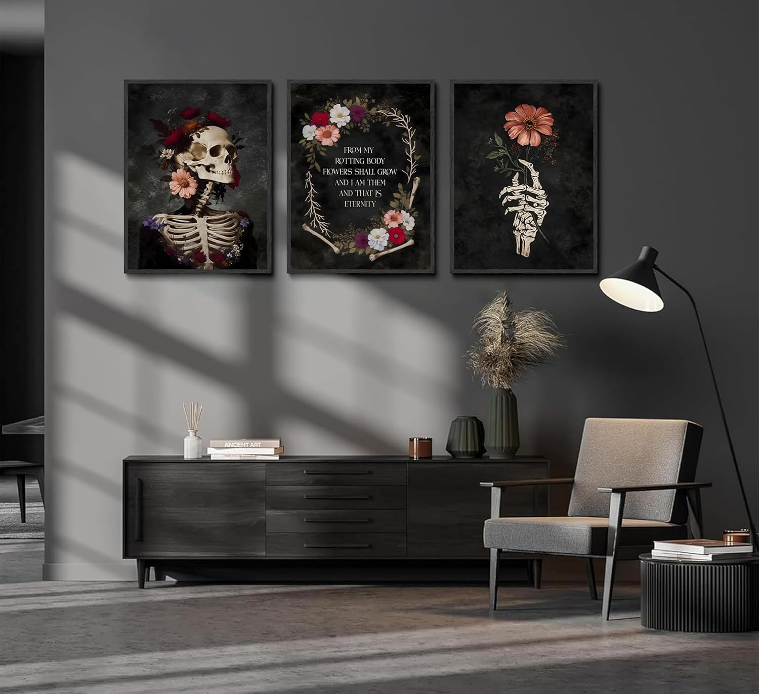 3pcs Gothic Floral Skull Canvas Wall Art Romantic Bone and Bloom Posters Flowers from Rotting Body Prints Paintings Pictures Dark Bathroom Bedroom Living Room Wall Decor Halloween Decoration Unframed