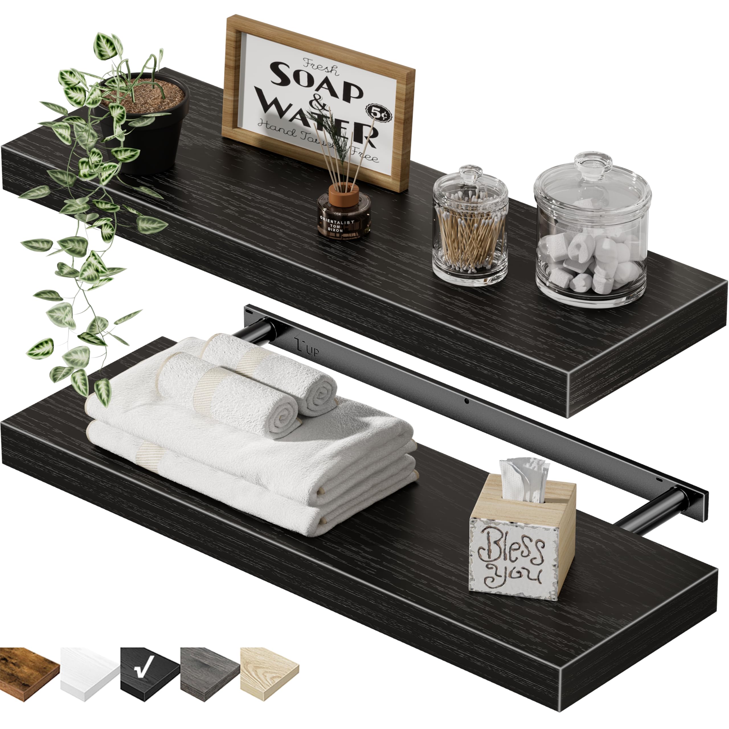 QEEIG Bathroom Floating Shelves for Wall - 15.7" Wall Mounted Shelf Over Toilet Farmhouse Home Decor Display Bookshelf Small 15.7 x 6.7 inch Set of 2, Black (008-40B)