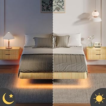 Queen Floating Bed Frame with LED Lights, Fluted Mid Century Modern Wood Floating Bed Frame Queen, Wave Curve Wood Texture Bed with Heavy Duty Metal Slats, Beige