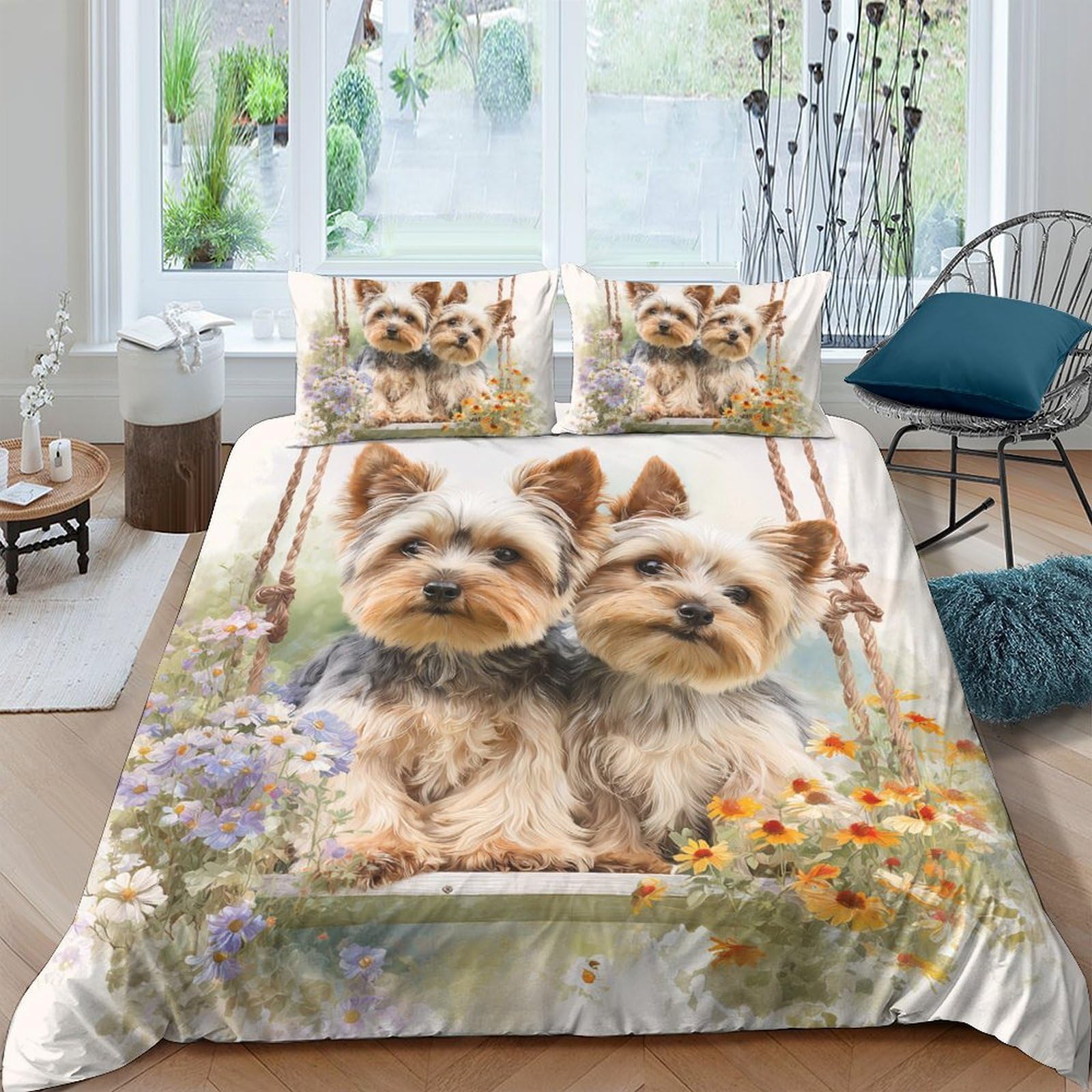 Ctjqhvkz Style-4 3D Printed Cute Yorkshire Terrier Fitted Sheet Microfiber Soft Decorative Flower Mattress Cover For Bedroom Guest Room Single（135X200cm）