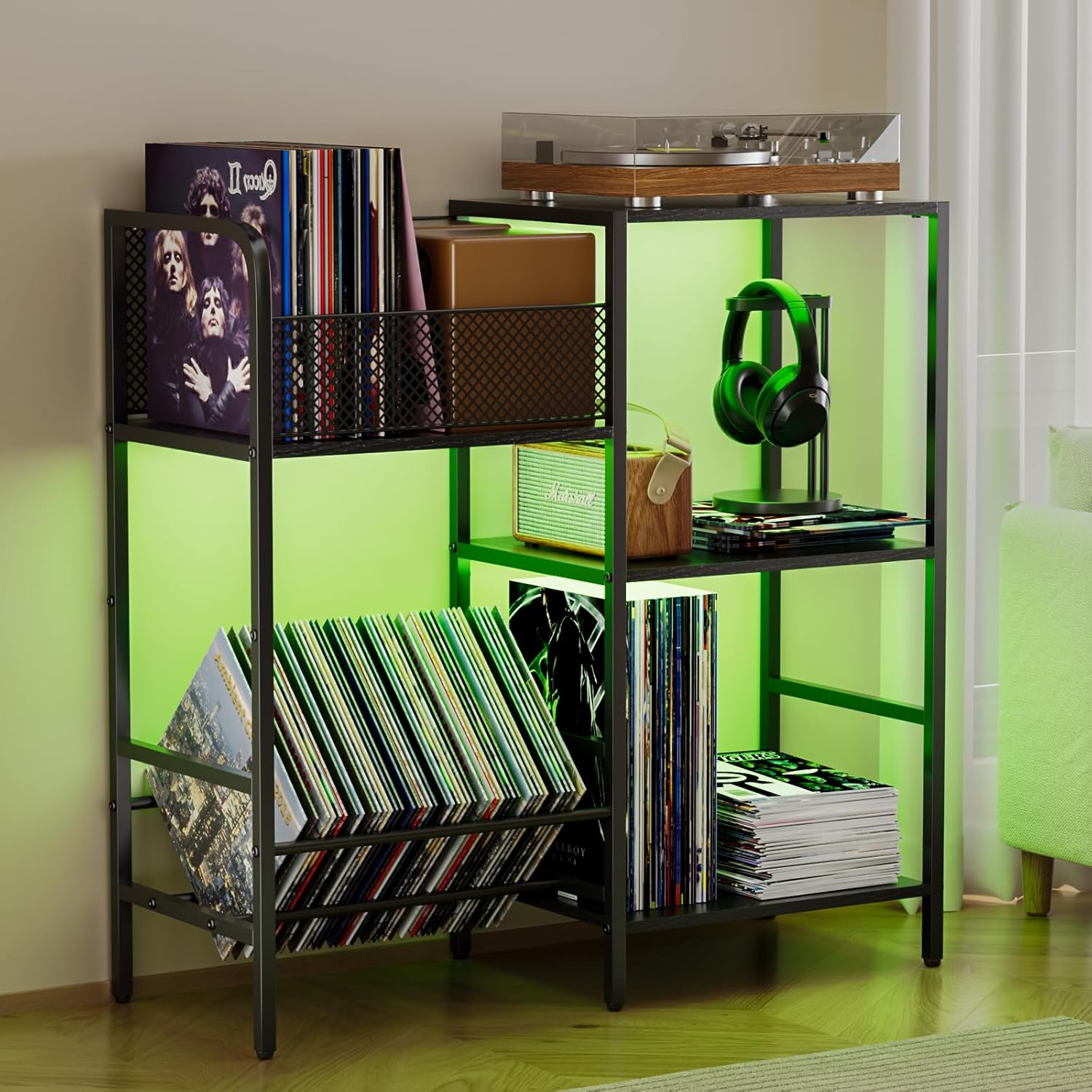 Record Player Stand with LED Light, Turntable Stand with Vinyl Storage - Up to 300+ Albums, 3-Tier Record Player Table Cabinet, Adjustable Shelf & V-Shaped Holder, Vinyl Display Shelf for Living Room