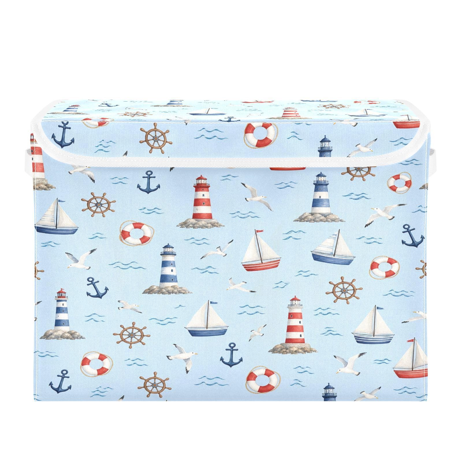 Ewusp Lighthouse Boat Fabric Storage Bin with Lid, Decorative Foldable Storage Basket with Handles, Stackable Closet Shelf Organiser Box for Clothes, Books, Bedroom, Living Room