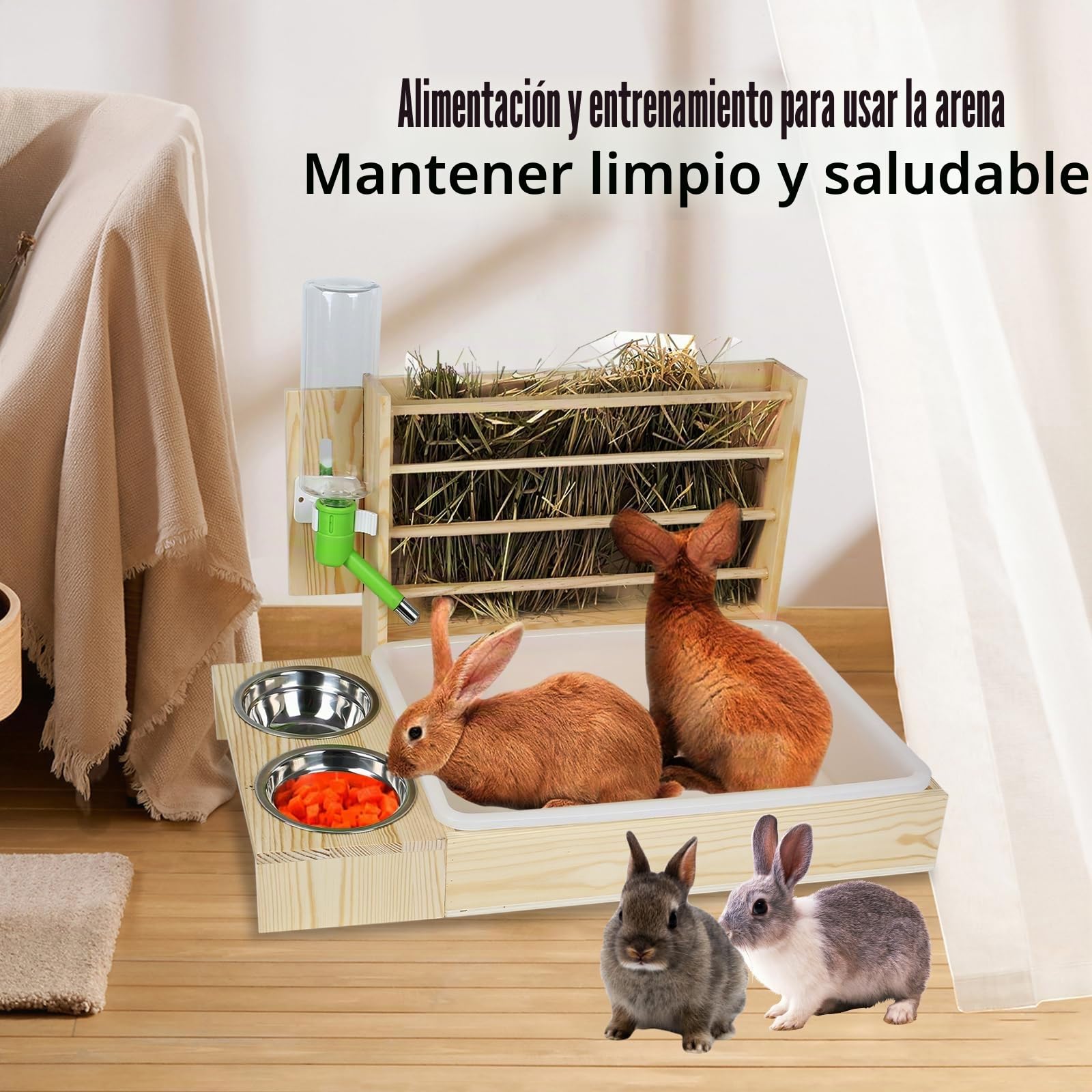 Comedero de heno grande multifuncional con inodoro, comedero de madera para conejos, completo con bebedero y comedero, apto para conejos, cobayas, hámsters, animales pequeños (4 en 1)