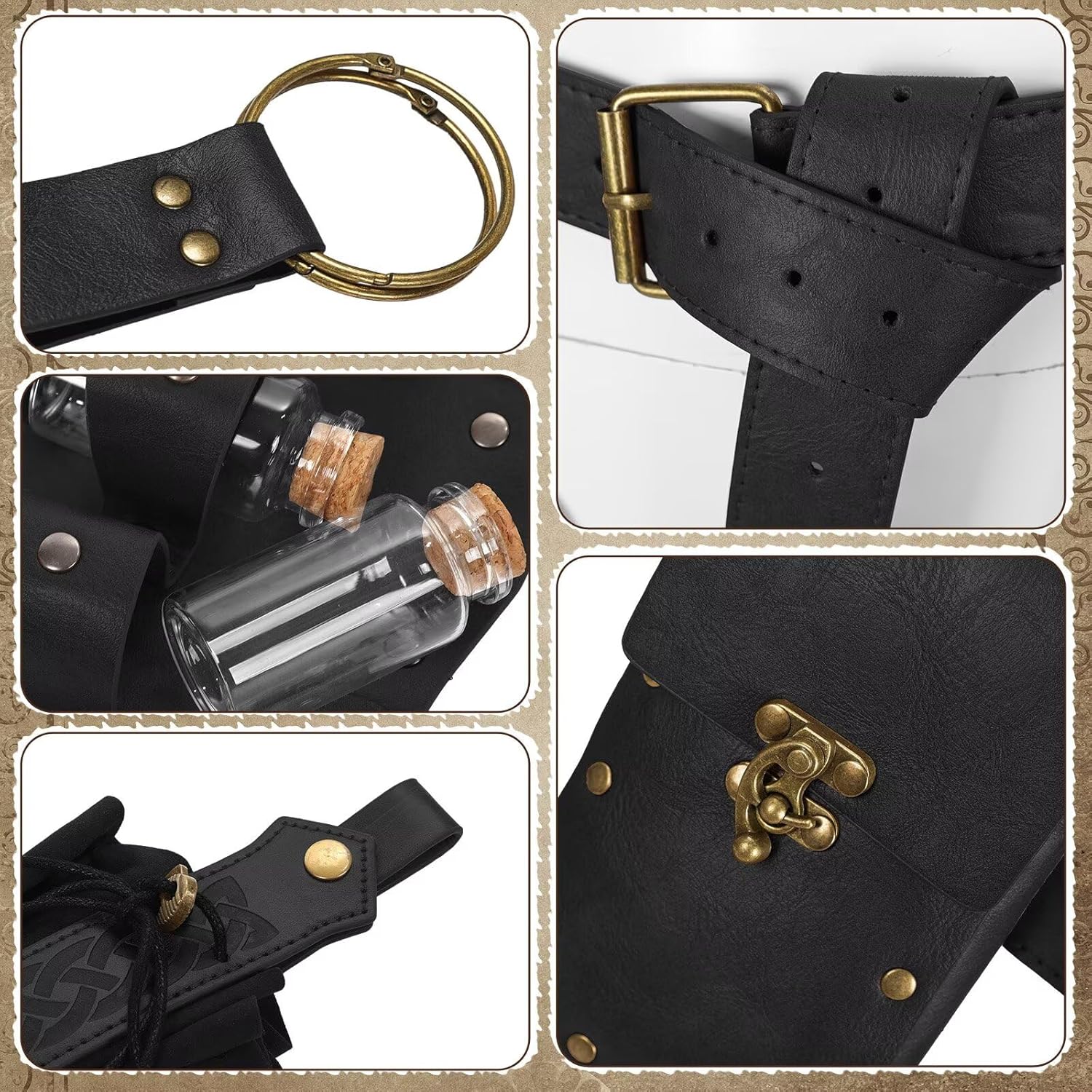 Renaissance Accessories Belt Pouch Medieval Pirate Leather Belt Viking Witch Potion Bottle Costume Men Women for Ren Fair Halloween (B Black) - Image 3